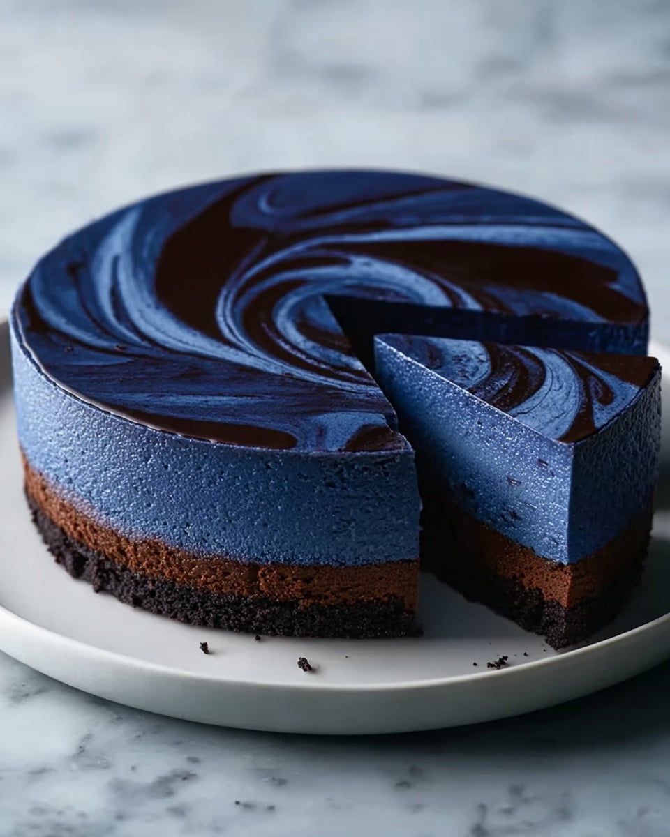 The image shows a round two-layer cake with a slice cut out. The bottom layer is dark brown, dense, and textured, like a cookie or chocolate crust. The top layer is thick, smooth, and a deep blue color with a matte finish, decorated with dark swirled patterns on the surface. The cake is on a white plate, and the background is a white marbled texture. Photo taken with an iphone --ar 4:5 --v 7