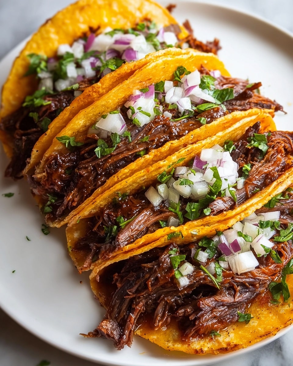 The image shows four tacos arranged side by side on a white plate, placed on a white marbled surface. Each taco has two soft, slightly browned yellow corn tortillas forming a shell, filled with layers of shredded, richly dark brown meat that looks tender and juicy. On top of the meat, there is a scattering of finely diced white onions mixed with bits of purple onion, and green chopped cilantro sprinkled generously, adding fresh pops of color. The tortillas appear slightly crisp on the edges with some oil stains, giving them a glossy look. The whole presentation is close-up, highlighting the textures of the moist meat, fresh herbs, and soft tortillas. Photo taken with an iphone --ar 4:5 --v 7