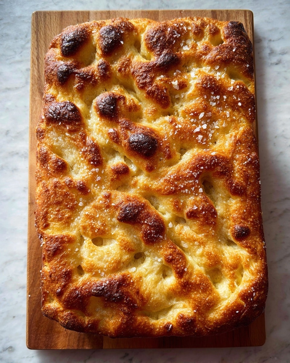 The image shows a rectangular focaccia bread with a golden-brown crust that has large, uneven bubbles and browned spots on the surface. The texture looks soft and airy with a slightly ugly but rustic appearance, sprinkled with coarse salt crystals. The bread rests directly on a wooden surface, which should be replaced by a white marbled texture as per instructions. Photo taken with an iphone --ar 4:5 --v 7