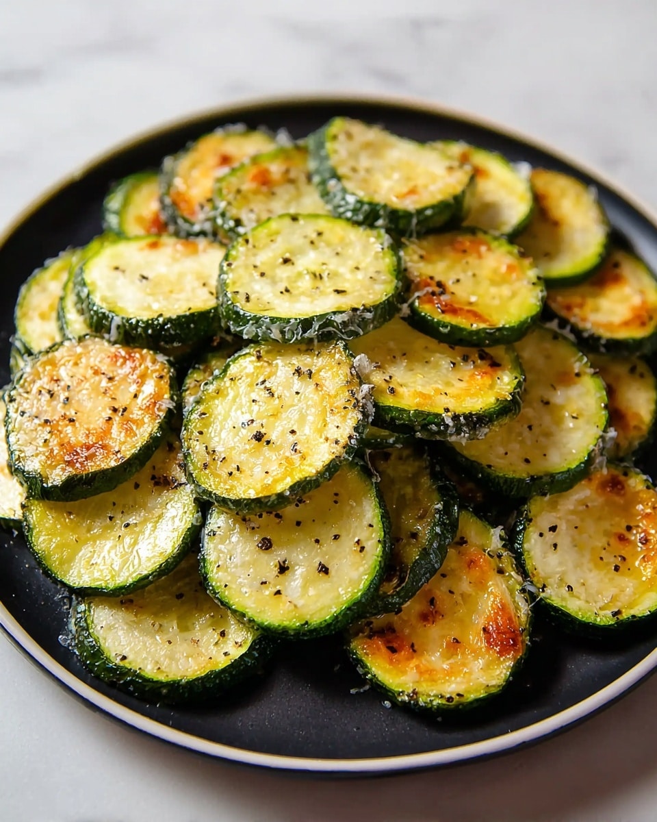 This image shows many round slices of cooked zucchini layered on a white plate, arranged in a loose pile. Each zucchini slice is green on the outer edges with a light yellow inner circle, some browned and crispy from cooking, with a slightly shiny, oily texture and scattered black pepper on top. The zucchini slices vary slightly in thickness, and the browned spots are uneven, giving a homemade feel. The plate rests on a white marbled surface. photo taken with an iphone --ar 4:5 --v 7