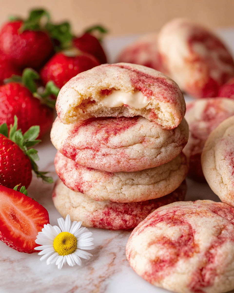 A stack of soft, round cookies with light pink and red swirls sits at the center, the top cookie partially bitten to show a cream-colored filling inside. Surrounding the stack are more cookies of similar size and texture, all resting on a white marbled surface. To the left, fresh strawberries, some whole and one cut in half showing its red interior, add bright red and green colors. A small white and yellow daisy flower is placed near the strawberries, giving a gentle, natural touch. photo taken with an iphone --ar 4:5 --v 7