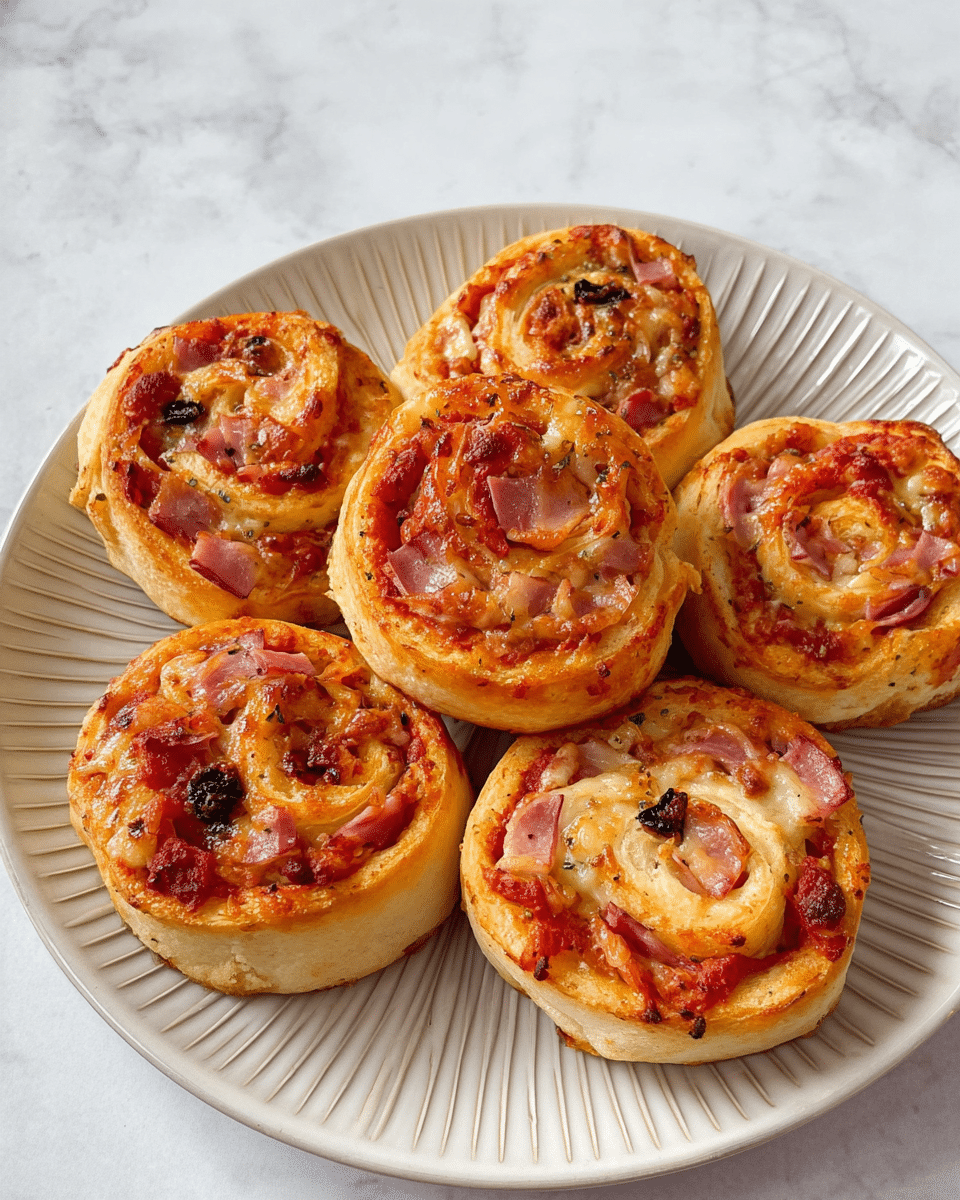 Seven pizza rolls are placed closely on a white plate with ridged edges. Each roll has three visible layers: a light golden-brown dough outer layer, a middle layer of red tomato sauce mixed with bits of melted cheese, and an inner layer with small pieces of pink ham and scattered dark bits that look like olives. The dough looks soft and fluffy with a slight crisp on some edges. The plate is set on a white marbled surface. photo taken with an iphone --ar 4:5 --v 7