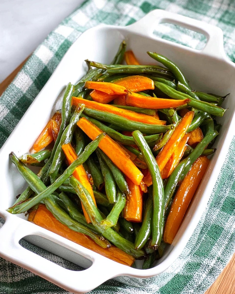 The dish shows cooked green beans and carrot sticks in a white rectangular dish with two handles. The green beans are long, shiny, and slightly wrinkled, placed in a loose layer mixed evenly with bright orange carrot sticks, which have a smooth, slightly glossy surface with some caramelized edges. The dish sits on a green and white checkered cloth, all placed on a white marbled surface. photo taken with an iphone --ar 4:5 --v 7