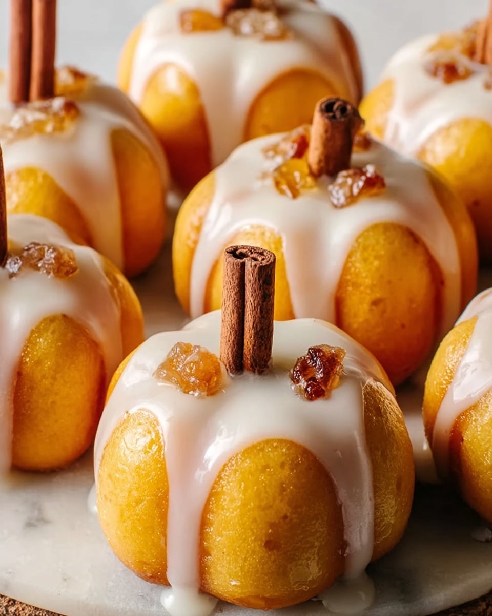 The image shows several small pumpkin-shaped desserts arranged closely on a white marbled surface. Each dessert has a smooth, bright orange outer layer shaped like a pumpkin with rounded sections. On top, there is a thick white glaze dripping down the sides unevenly. Small pieces of candied fruit or nuts are embedded in the glaze. A single cinnamon stick is placed upright in the center of each pumpkin, serving as a stem. The lighting highlights the shiny texture of the glaze and the soft texture of the orange base. Photo taken with an iphone --ar 4:5 --v 7
