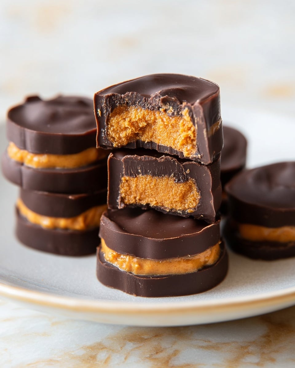 The image shows small round chocolates stacked in two layers on a white plate. Each chocolate has a base and top layer of dark brown, smooth chocolate with a glossy texture, sandwiching a thick middle layer of orange peanut butter filling. One chocolate is cut in half, revealing the crumbly, creamy peanut butter inside with a slightly rough texture. The chocolates have a rich and dense look with a slight shine on the chocolate layers. The background is a white marbled texture. photo taken with an iphone --ar 4:5 --v 7