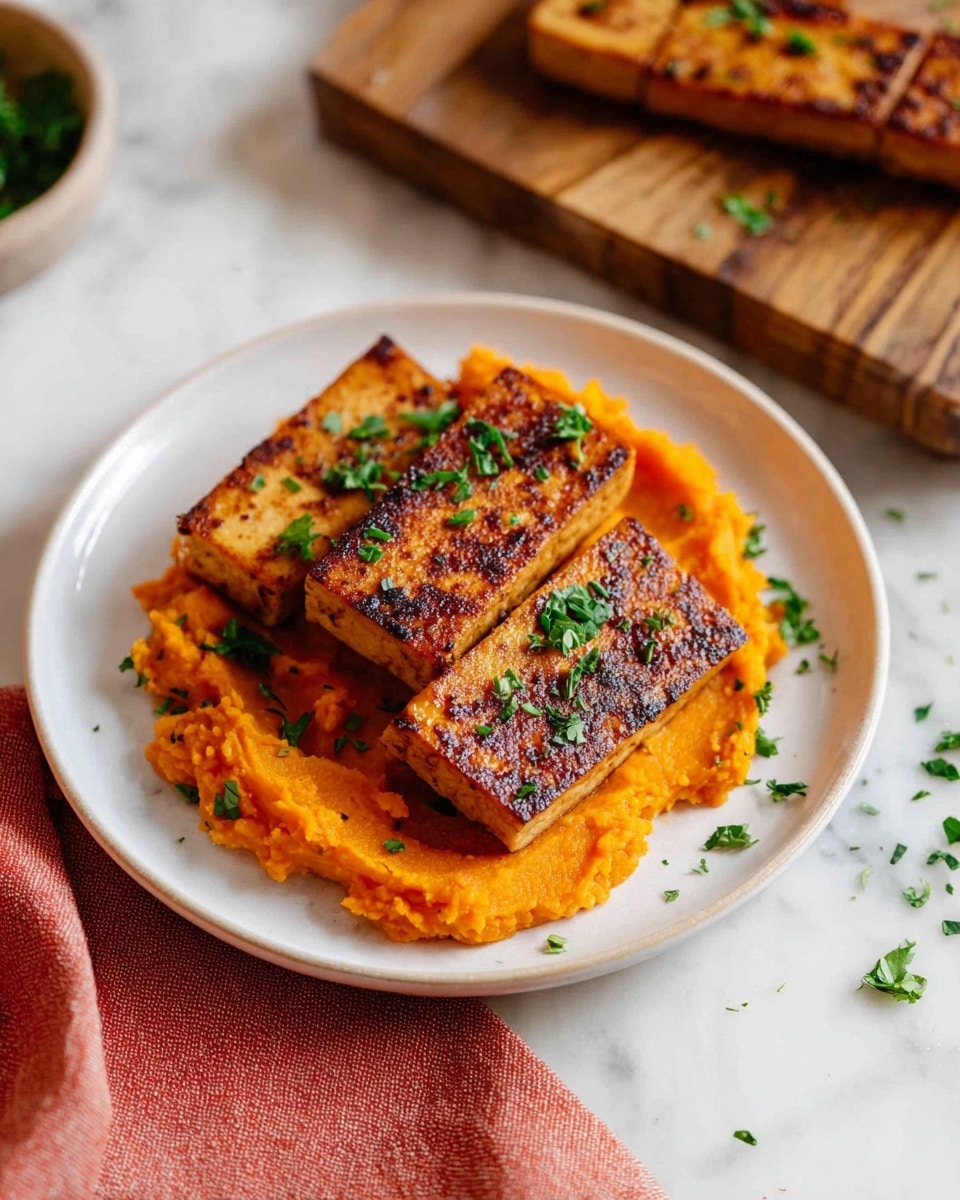 A white plate holds two main layers: the base layer is a thick, bright orange mashed sweet potato spread unevenly, showing a soft and slightly chunky texture, while on top are three rectangular pieces of grilled tofu with a dark golden brown, slightly charred surface, sprinkled with small bits of green herbs, likely parsley, some of which have fallen onto the plate and nearby wood cutting board. The scene is set on a white marbled surface with a reddish cloth partially visible in the background. Photo taken with an iphone --ar 4:5 --v 7