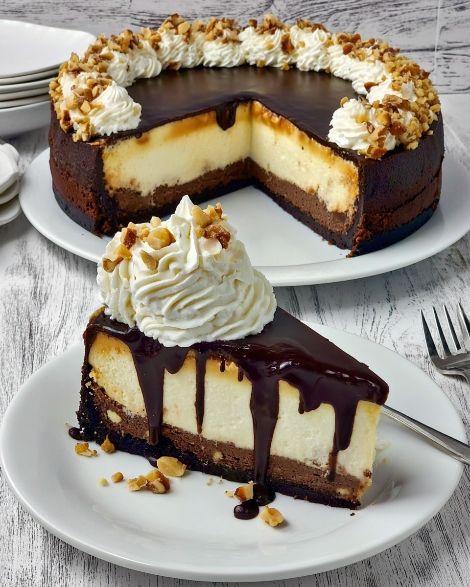 A rich cheesecake with three layers sits on a white plate; the bottom layer is dark brown and dense, the middle layer is thick, creamy, and pale yellow, and the top layer is smooth, shiny dark chocolate. The cheesecake is decorated with a border of whipped cream around the edge, topped with crushed nuts. In front, a slice of the cheesecake on a white plate is covered in a shiny chocolate drizzle and has a large swirl of whipped cream topped with chopped nuts beside it. The background shows a white marbled texture surface. Photo taken with an iphone --ar 4:5 --v 7