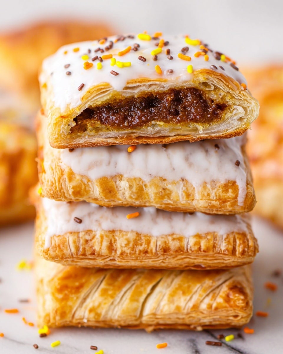The image shows a stack of four rectangular pastries on a white marbled surface. The bottom three pastries have a golden-brown flaky crust with visible fork marks on the edges. On top of the stack, one pastry is cut in half, revealing a thick, dark brown filling inside. This pastry is covered with a layer of white icing, slightly dripping over the edges. Small colorful sprinkles in yellow, orange, and chocolate brown decorate the icing. The photo captures a close view of the pastries, highlighting the texture and layers. photo taken with an iphone --ar 4:5 --v 7
