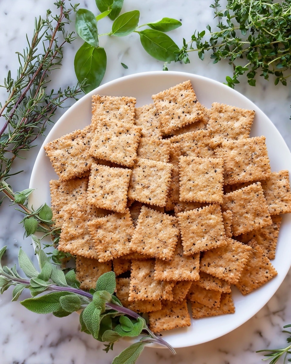 A white plate full of square crispy crackers with rough edges, each cracker having a light golden brown color with specks of black and white seasoning, arranged in a dense, overlapping pattern covering the entire plate. Around the plate, there are fresh green herb leaves and sprigs, adding contrast with different shades of green. The plate sits on a white marbled surface enhancing the natural and fresh look of the scene. photo taken with an iphone --ar 4:5 --v 7