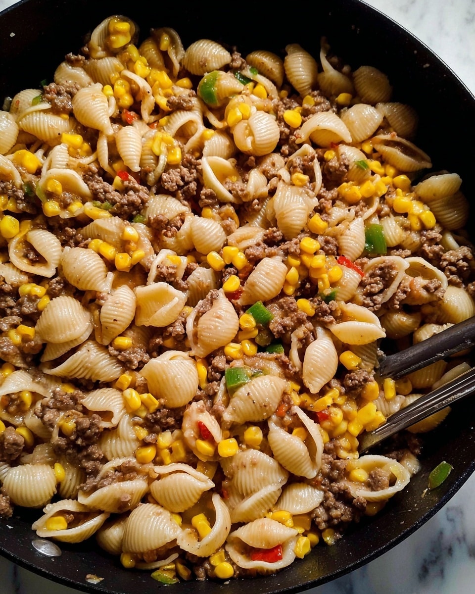 The image shows a close-up of a black pan filled with a dish made of small shell pasta mixed with ground beef and yellow corn kernels. The pasta shells are pale beige with a slightly shiny texture, and the ground beef is brown and crumbly, spread evenly throughout the dish. Bright yellow corn kernels are scattered across in moderate amounts, adding spots of color. There are also bits of green and red vegetables mixed in, creating small bursts of color amidst the pasta and meat. A metal utensil is partially visible on the right side inside the pan. The background is a white marbled texture. photo taken with an iphone --ar 4:5 --v 7