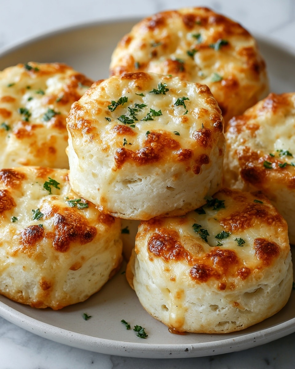 The image shows six small round cheese biscuits on a white plate with a white marbled texture surface underneath. Each biscuit has about three layers: a light golden-baked fluffy dough base, a middle white and soft cheesy layer that looks gooey, and a top layer of browned melted cheese with small green parsley pieces sprinkled on top for decoration. The biscuits have a rough, slightly crispy texture on the outside with visible air pockets. The cheese looks creamy and melted, slightly crisped in places, giving each biscuit a warm and fresh-baked look. photo taken with an iphone --ar 4:5 --v 7