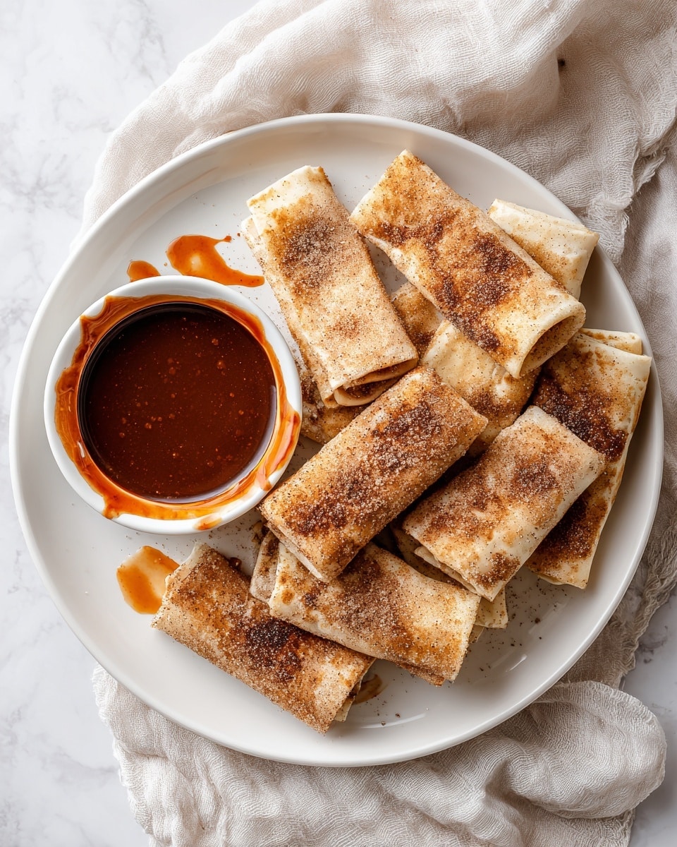 The image shows a white plate holding several small, square and rolled pieces of thin, light beige flatbread coated with a dark brown powder, likely cinnamon sugar, scattered unevenly across each piece. The flatbread pieces are arranged closely together with some crumbs around them. On the left side of the plate, there is a small white bowl filled with a shiny, dark brown chocolate sauce that has a bright orange drizzle on top, creating a smooth and glossy texture. The plate rests on a soft, light-colored fabric over a white marbled surface. Photo taken with an iphone --ar 4:5 --v 7