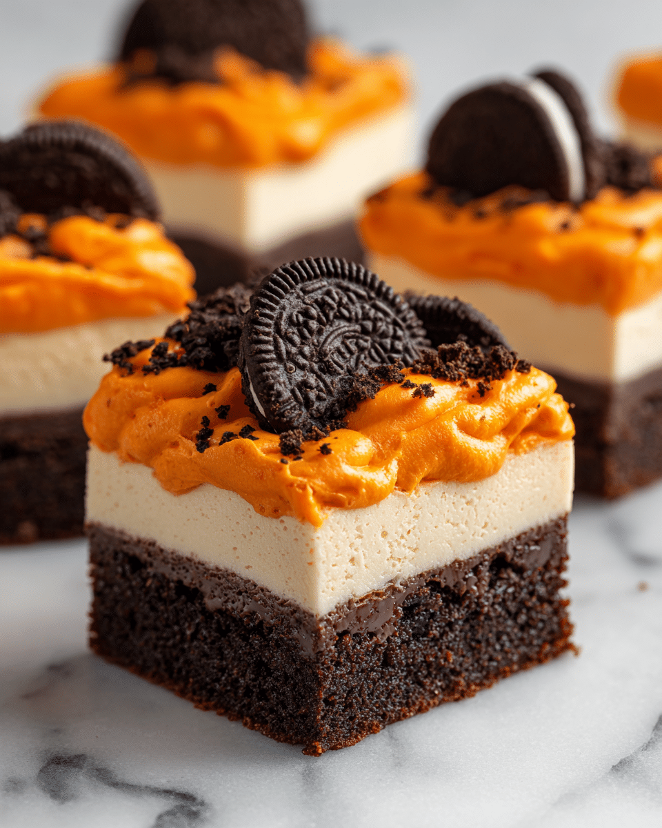A close-up of a layered dessert slice with four visible layers on a white marbled surface. The bottom layer is a dense, dark brown chocolate cake. Above it is a smooth, bright orange layer with a creamy texture. Next is another thick layer of dark brown chocolate cake, topped with a thicker, rough-textured bright orange layer. The top surface is decorated with whole black sandwich cookies, and one cookie is partially embedded into the orange layer on the side. The contrast between the dark brown and bright orange layers is clear and vibrant, showing a rich, moist texture of the cake and a creamy filling. Photo taken with an iphone --ar 4:5 --v 7