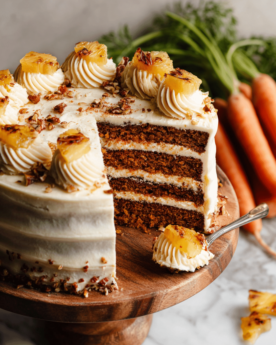 A three-layer carrot cake is shown on a wooden cake stand, each dark orange cake layer separated by smooth, light cream frosting. The outer edge is covered with the same creamy frosting, topped with six swirls of piped frosting around the top. Between the swirls are pieces of grilled pineapple with dark brown edges. Small pieces of chopped pecans are scattered on top of the frosting. The cake is cut to show the inside layers clearly, with a silver fork holding a piece of pineapple lying beside it. In the background, there are fresh carrots with green tops on a white marbled surface. photo taken with an iphone --ar 4:5 --v 7
