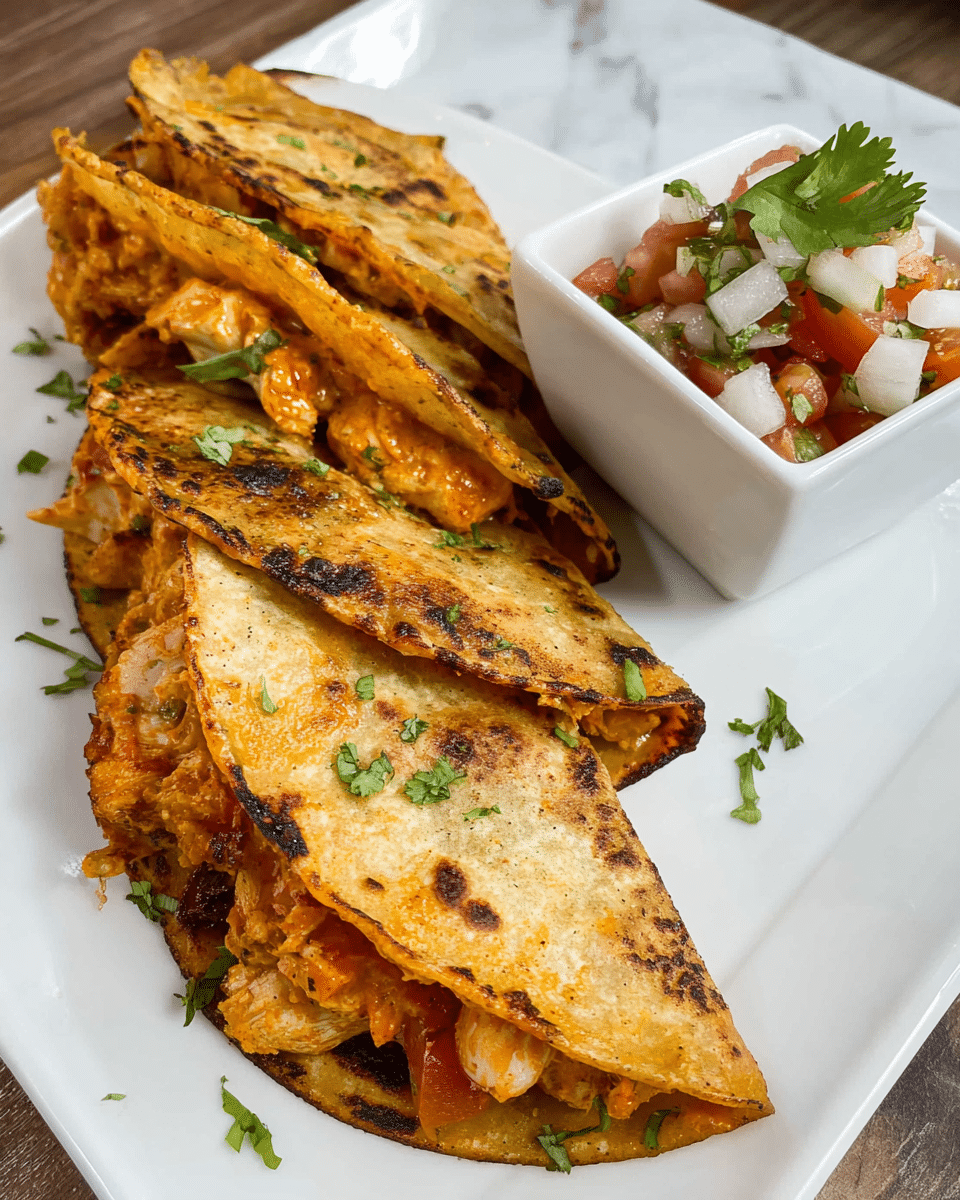 Four folded golden-brown tacos with a slightly crispy texture and some charred spots are stacked diagonally on a white rectangular plate. Each taco shows a creamy, orange filling with pieces of chicken and small bits of tomato visible inside. The tacos are garnished lightly with small green cilantro leaves scattered on top and around the plate. A small white square bowl on the top right corner of the plate holds a fresh pico de gallo salsa made of diced white onions, red tomatoes, green peppers, and topped with a cilantro leaf. The plate is placed on a wooden surface with a subtle white marbled texture background. photo taken with an iphone --ar 4:5 --v 7