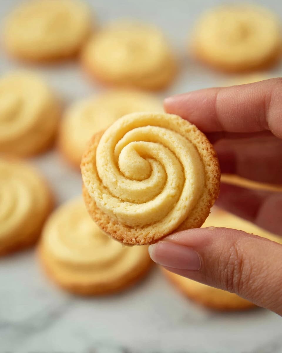 A close-up shot of a person's fingers holding a small round cookie with a spiral pattern on top. The cookie is golden yellow with a light brown edge, and the spiral is made of a creamy, smooth texture. In the blurry background, more similar cookies are scattered on a white marbled surface. photo taken with an iphone --ar 4:5 --v 7