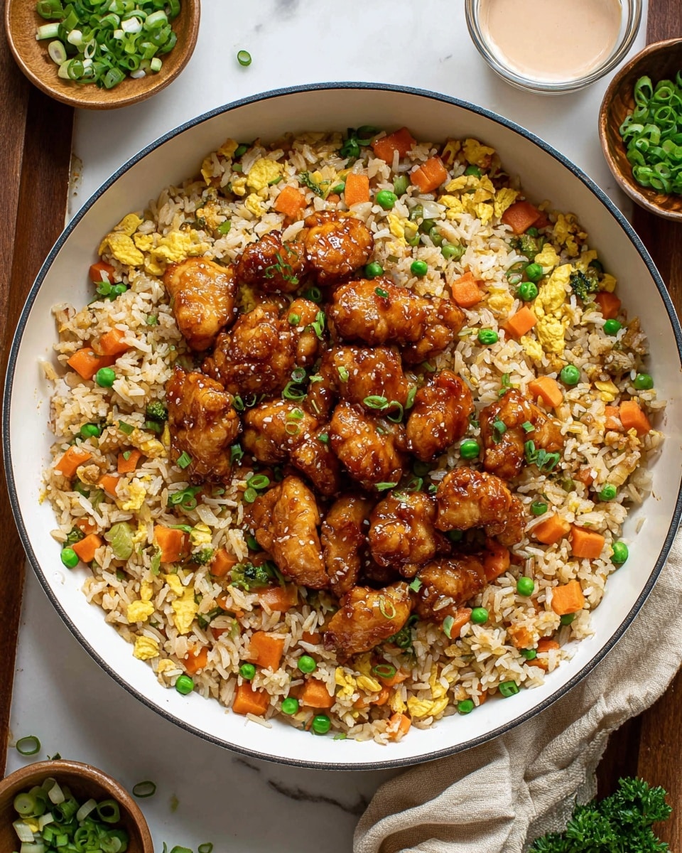 A white pan filled with fried rice that has two main layers: the bottom layer is a mix of light brown cooked rice with small pieces of scrambled yellow egg, bright orange carrot chunks, and green peas scattered evenly; the top layer has browned glazed chicken pieces with a shiny, sticky texture, sprinkled with small green onion rings for contrast. The pan sits on a white marbled surface, with small bowls of chopped green onions and sauce nearby, a beige cloth on one side, and some parsley adding green color at the right edge. Photo taken with an iphone --ar 4:5 --v 7