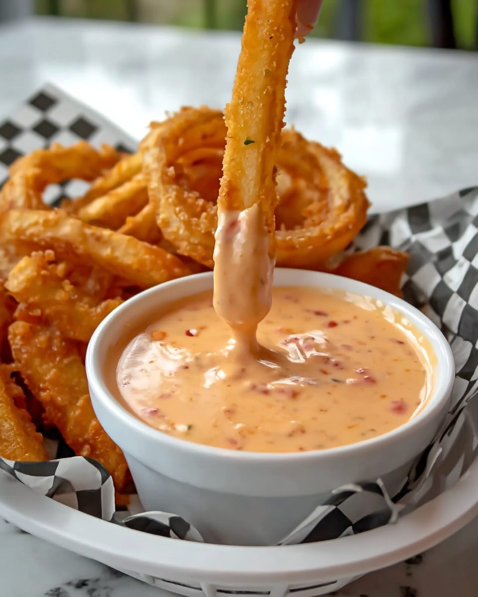 A close-up image shows several golden-brown onion rings with a crispy texture, some placed on a white tray lined with checkered black and white paper. One onion ring is dipped halfway into a white bowl filled with a smooth, light orange dipping sauce speckled with tiny herbs and spices. The bowl sits on the tray, and the background is a white marbled texture. photo taken with an iphone --ar 4:5 --v 7