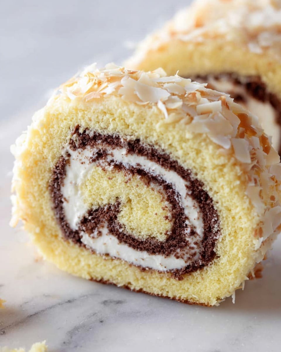 The image shows a close-up of two slices of a Swiss roll cake on a white marbled surface. The cake has three main layers: a light yellow sponge cake rolled around a creamy white filling with a dark brown chocolate swirl that spirals through the center. The outer edge of the roll is covered with thin toasted almond slices, adding texture and a light golden color. The soft and fluffy texture of the cake contrasts with the smooth creamy filling and crunchy almond coating. Photo taken with an iphone --ar 4:5 --v 7
