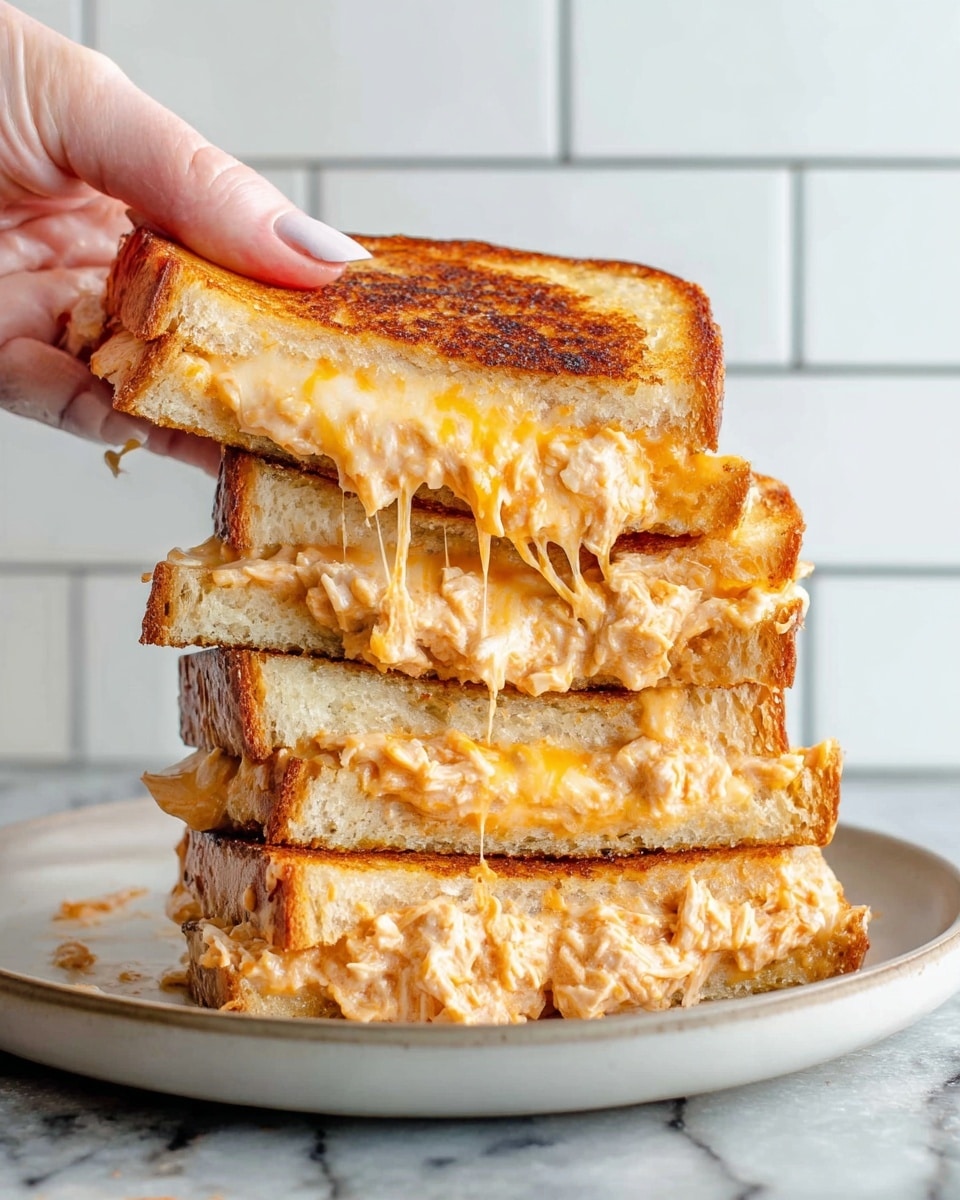 A stack of four grilled cheese sandwiches is shown on a white plate with a white marbled texture surface underneath. Each sandwich is cut in half, showing three layers of golden-brown toasted bread with melted cheese in between. The cheese is creamy, orange and white, and slightly oozing out from the sides, mixed with a chunky filling that looks like shredded chicken or tuna. The top sandwich half is being lifted by a woman's hand, highlighting the gooey, stretchy melted cheese and thick filling inside. The background is a white tiled wall, giving a clean kitchen look. Photo taken with an iphone --ar 4:5 --v 7