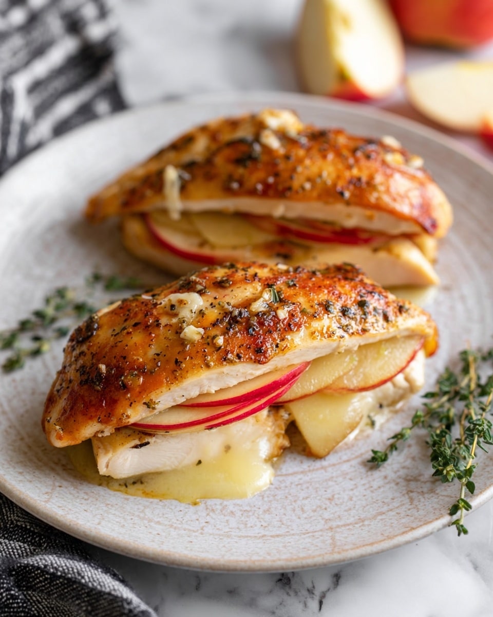 The image shows two stuffed chicken breasts on a white plate with a subtle textured pattern. Each chicken breast is cut open and filled with three visible layers: thin red-edged apple slices, melted light yellow cheese, and more apple slices, visible inside and peeking slightly from the opening. The chicken is golden-brown with a shiny, seasoned surface, speckled with black pepper and small bits of garlic. There is a sprig of fresh green herb on the plate, and the plate is placed on a white marbled surface. In the background, there are some apple slices slightly blurred, and a black and white striped cloth partially visible near the plate. Photo taken with an iphone --ar 4:5 --v 7