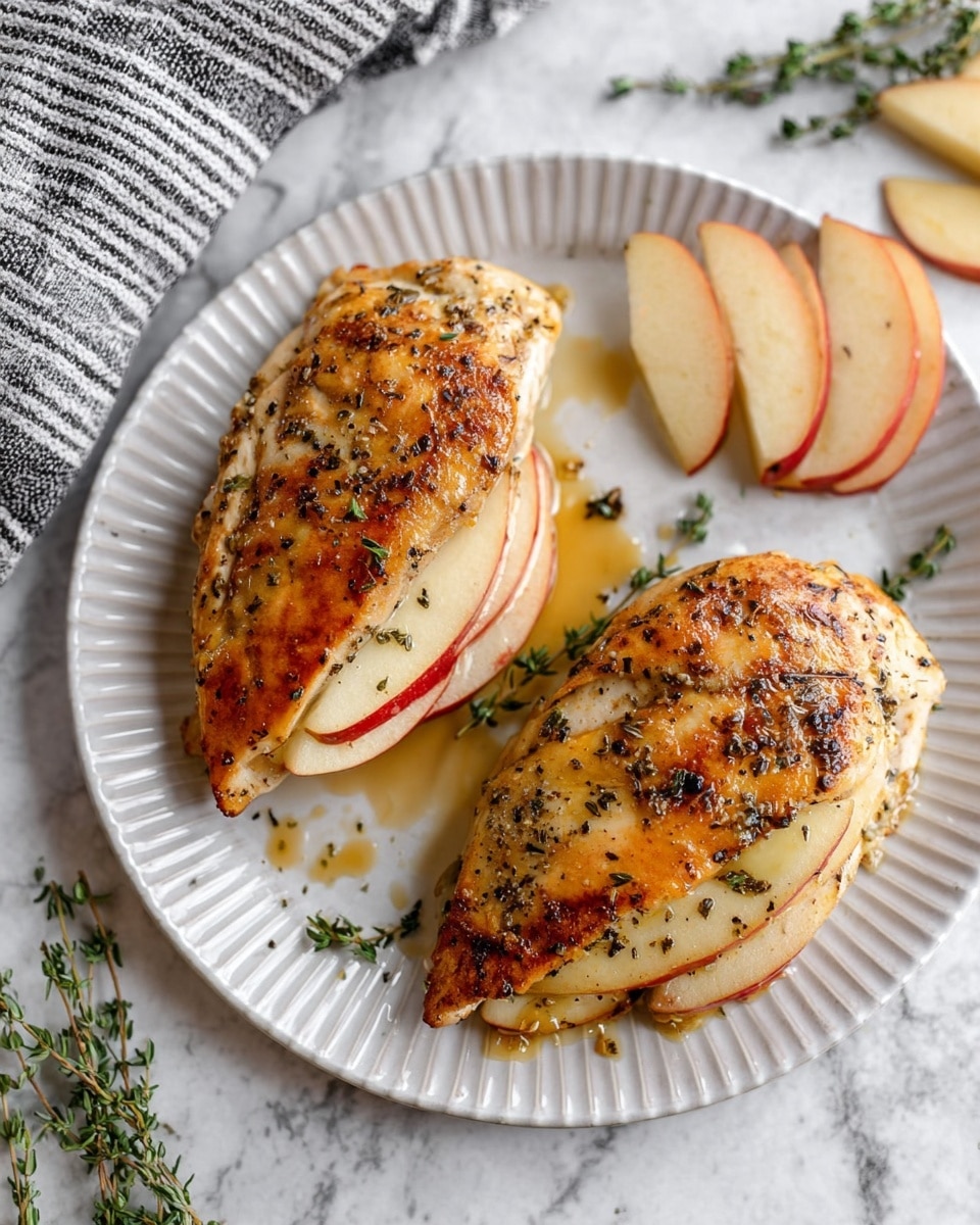 The image shows two grilled chicken breasts on a white plate with ridged edges, set on a white marbled surface. Each chicken breast is seasoned with black pepper and herbs, cooked to a golden brown with a slightly shiny glaze, and stuffed with thin slices of red apple and melted creamy cheese layered inside. Around the chicken, small sprigs of fresh green thyme and a light drizzle of honey or sauce add extra detail. The background includes thinly sliced apple pieces and a black and white striped cloth napkin photo taken with an iphone --ar 4:5 --v 7