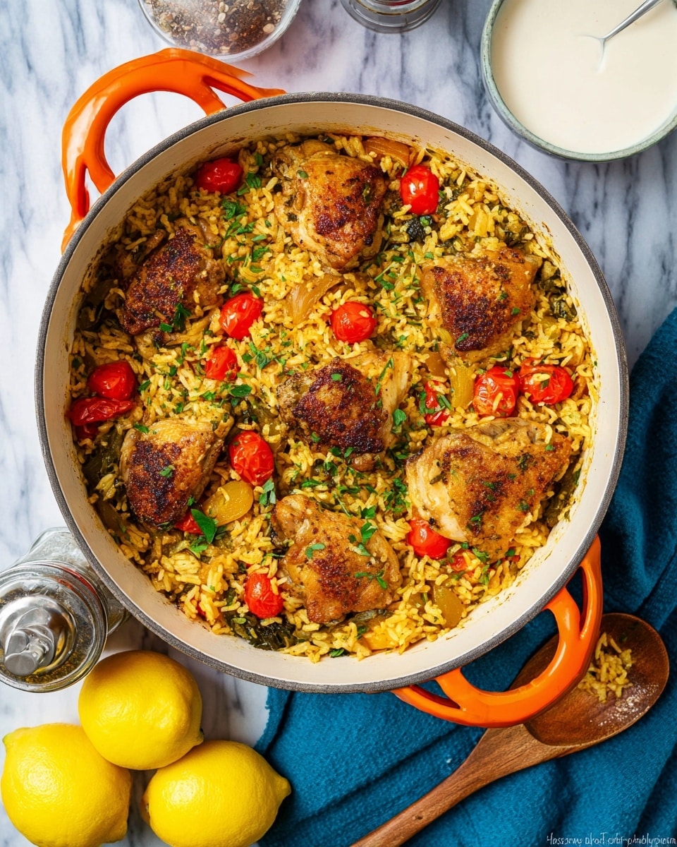 The dish is served in a white round pot with orange handles, filled with cooked yellow rice mixed with green herbs and chopped onions. On top, there are seven browned chicken pieces, scattered evenly, with some red cherry tomato halves among them. The rice and chicken layer looks moist and slightly oily with a mix of colors from golden brown to bright red and green. A wooden spoon with some rice and herbs is placed on the bottom right corner, resting on a blue cloth. Two yellow lemons and a clear pepper grinder are placed near the pot on a white marbled surface, while a bowl of smooth white sauce sits near the top right. Photo taken with an iphone --ar 4:5 --v 7