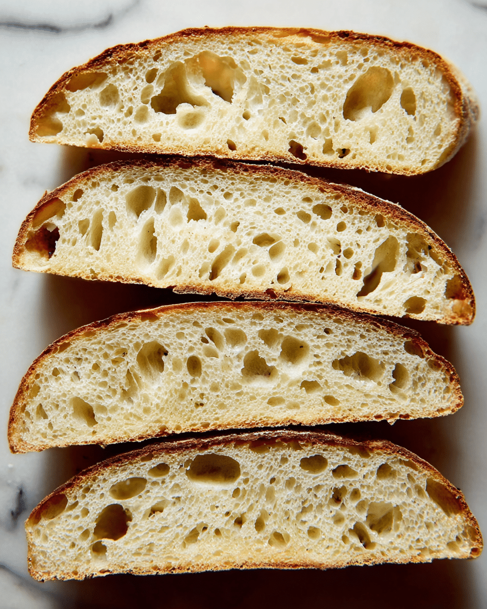 The image shows four thick slices of bread laid side by side on a white marbled surface. Each slice has a crunchy, golden-brown crust surrounding a soft, airy interior filled with many uneven holes of different sizes. The texture inside looks light and porous, with the crust slightly darker and rough. The bread slices are aligned closely, showing their sponge-like structure clearly. photo taken with an iphone --ar 4:5 --v 7