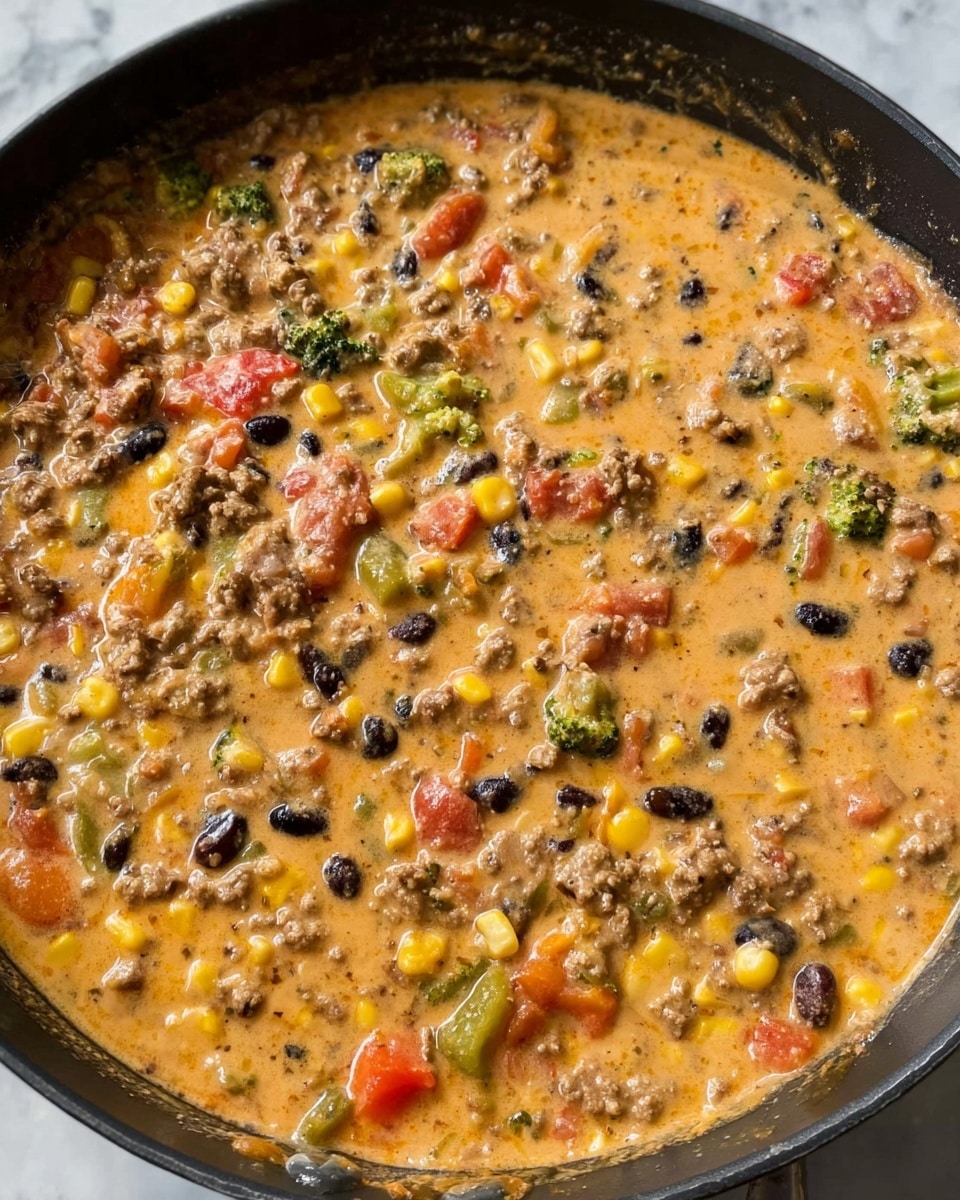 This image shows a thick stew-like dish in a dark skillet, filled with many small pieces of colorful ingredients mixed into a creamy light brown and orange sauce. Visible layers include small bits of green broccoli, yellow corn, black beans, light brown ground meat, bright red tomato chunks, and some orange and red peppers all blended together. The texture looks smooth and creamy with a mix of soft and chunky bits spread evenly across the skillet. The background shows a white marbled surface. photo taken with an iphone --ar 4:5 --v 7
