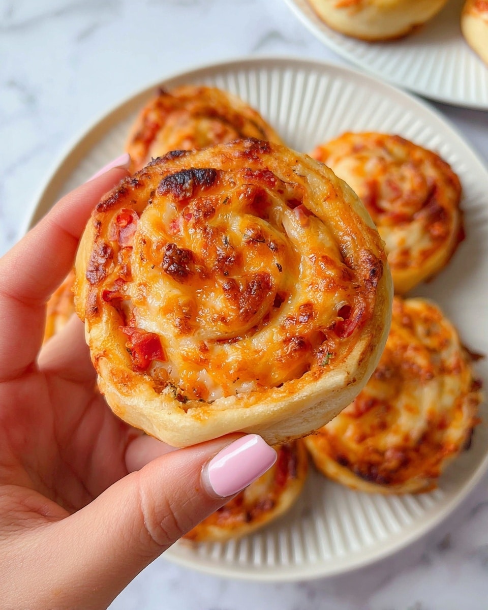 A close-up of a small pizza roll held by a woman's hand with light pink nails, showing a spiral shape with three visible layers: the outer golden-brown baked dough with slight charring, a middle layer of melted orange cheese mixed with small pieces of red tomato or sauce, and an inner layer of lighter dough, all tightly rolled. In the background, more pizza rolls with similar colors and textures rest on a white plate with ridged sides, placed on a white marbled surface. photo taken with an iphone --ar 4:5 --v 7