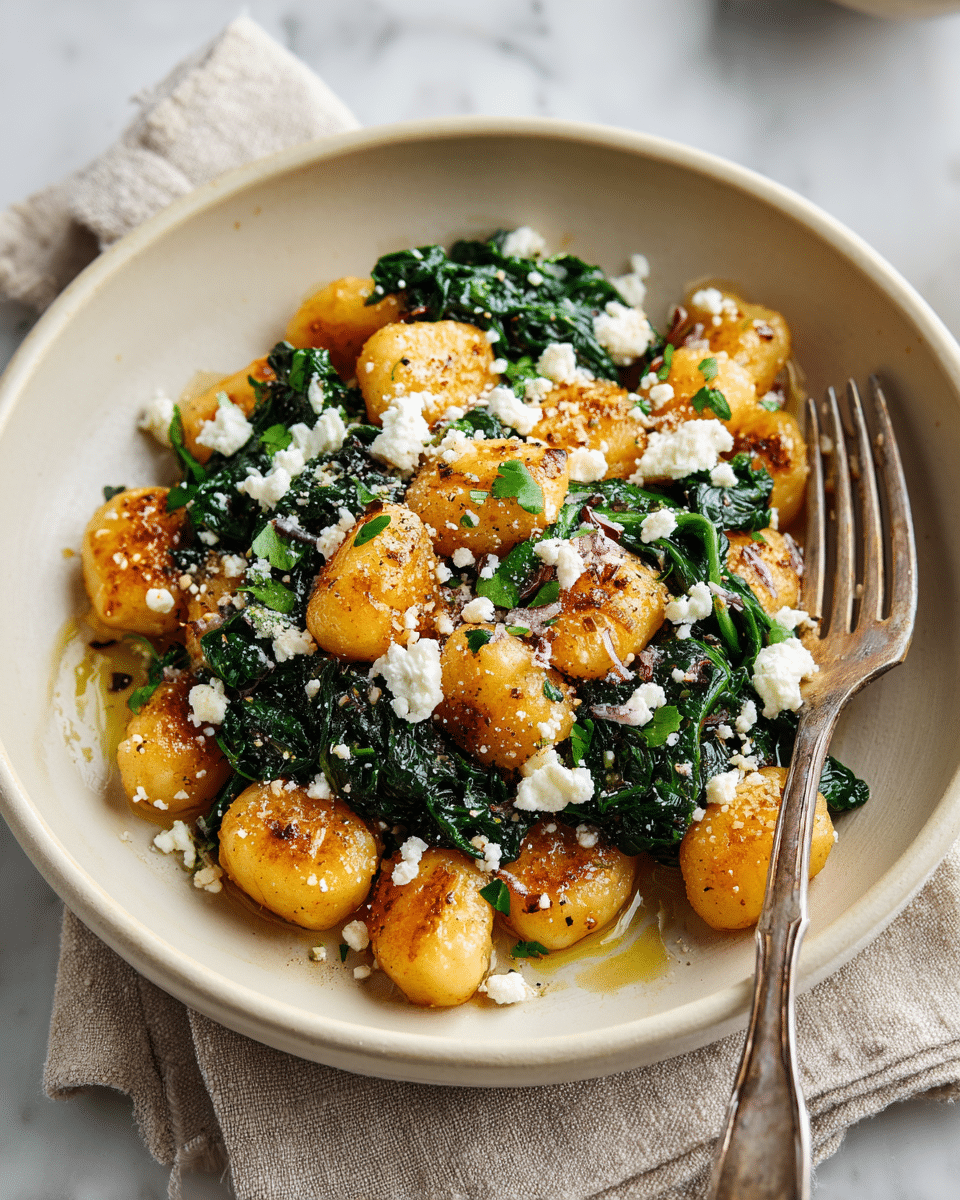 A shallow white bowl holds a dish with about three layers: the bottom layer is glossy golden-brown seared gnocchi with a slightly crispy texture, the middle layer is vibrant dark green sautéed spinach mixed evenly among the gnocchi, and the top layer is scattered white crumbly feta cheese sprinkled all over. Small green herb pieces and a light drizzle of oil add a subtle shine and texture. A tarnished silver fork rests on the right side of the bowl, which is set on a light beige cloth over a white marbled surface. photo taken with an iphone --ar 4:5 --v 7