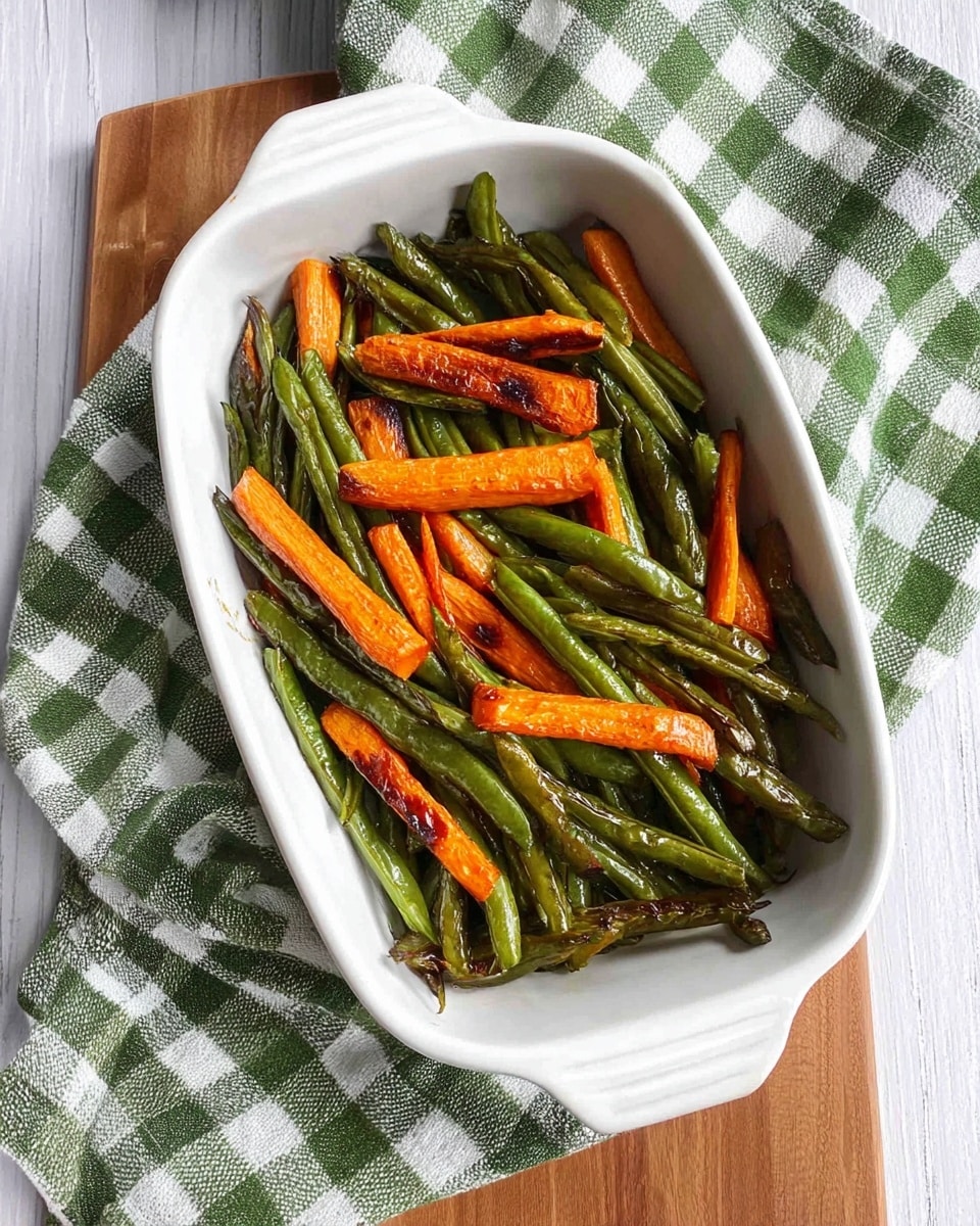 A white oval baking dish filled with roasted green beans and carrot sticks, each vegetable showing a slight char and glossy texture from roasting. The green beans are long and deep green with some wrinkled skin, while the carrot sticks are thick, bright orange with browned edges, scattered evenly together. The dish rests on a green and white checkered cloth, placed on a white marbled surface next to a wooden board. Photo taken with an iphone --ar 4:5 --v 7