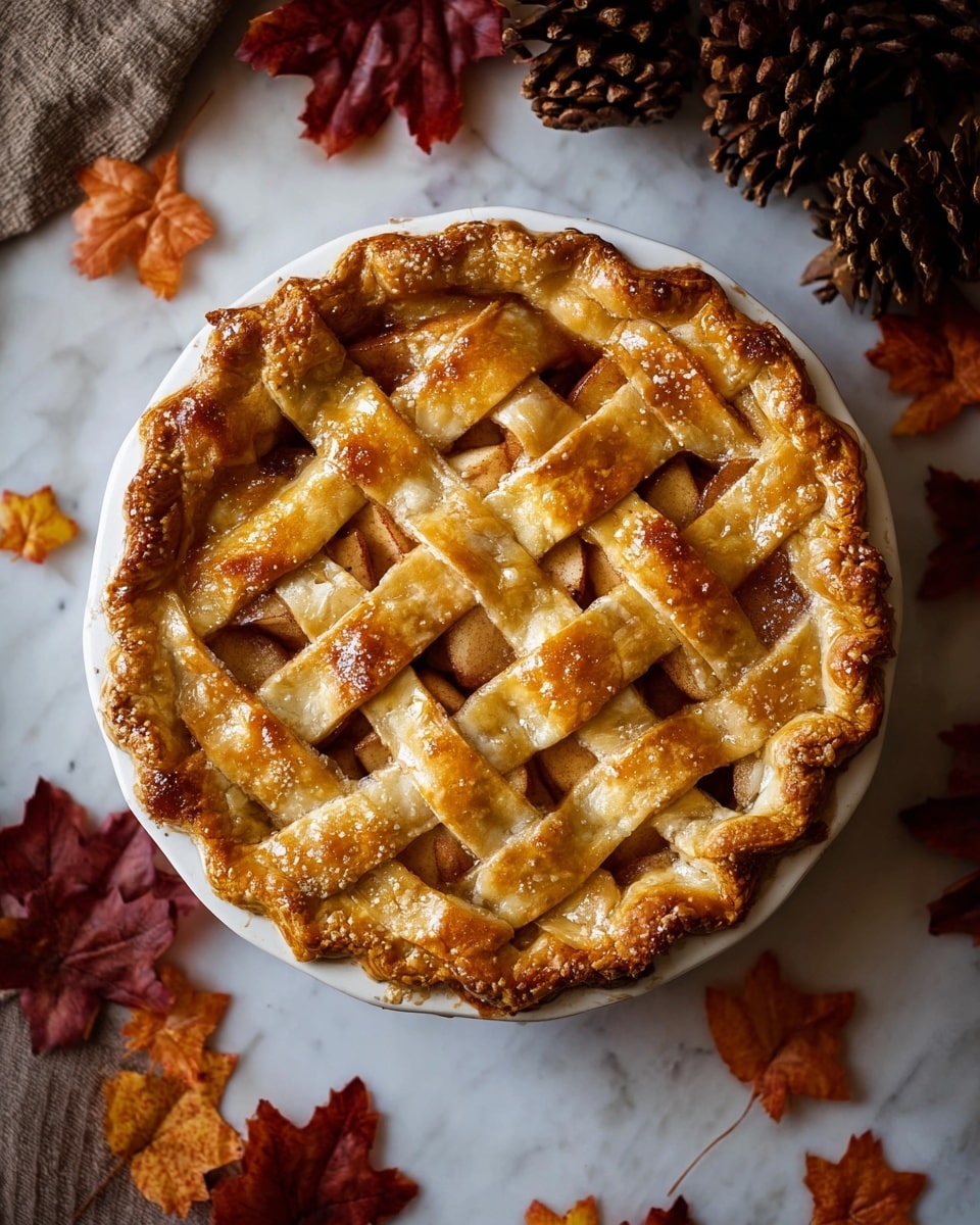 A golden brown apple pie is shown from the top, with a crust made of thick lattice strips woven in a crisscross pattern, revealing slices of soft, caramelized apples underneath. The crust is flaky and shiny with a light glaze, and the edges are slightly raised and bubbly. The pie sits on a white plate, placed on a white marbled surface. Around the pie are scattered dried orange and red autumn leaves, and there are some large brown pinecones nearby, adding a cozy fall feeling. photo taken with an iphone --ar 4:5 --v 7