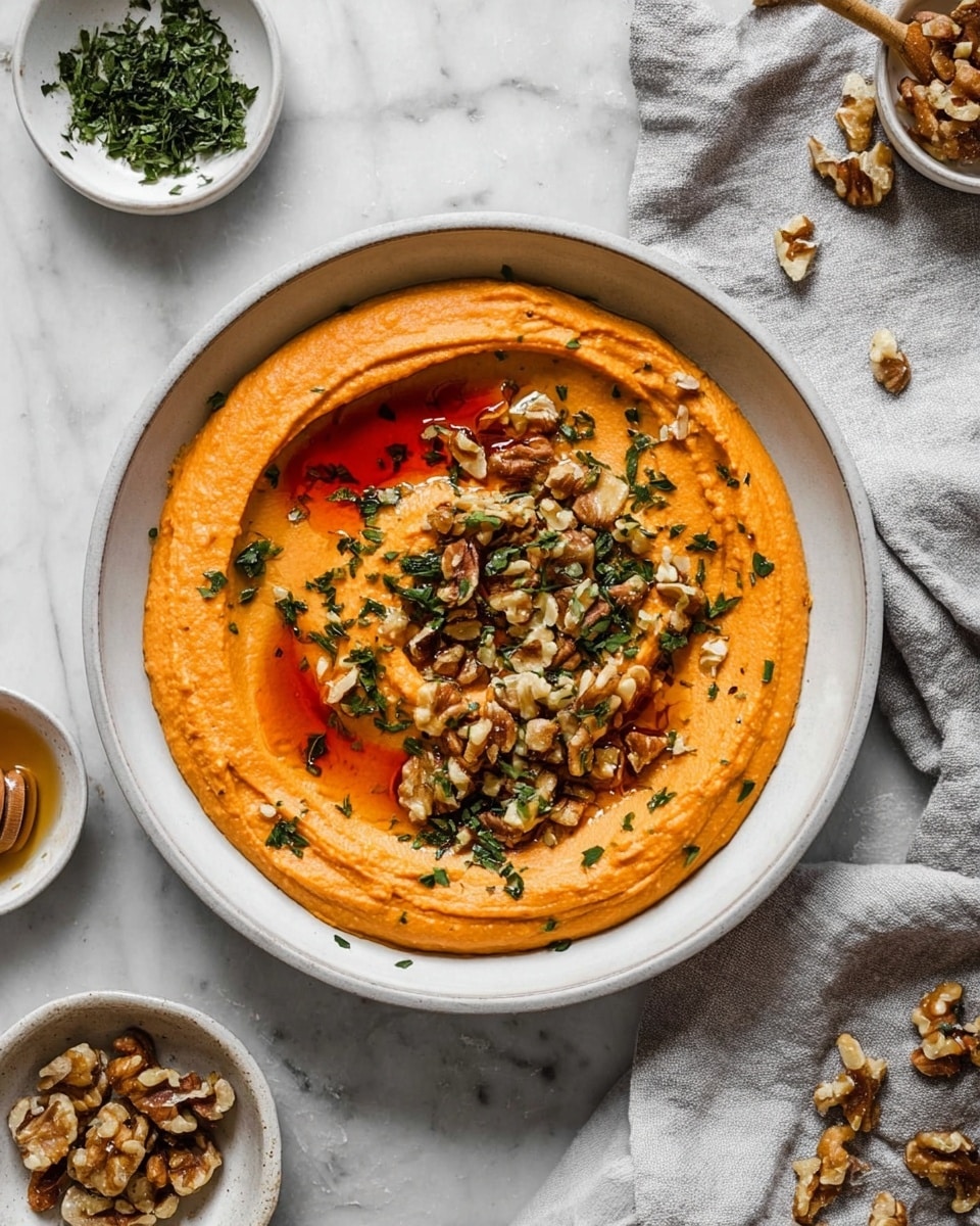 A white bowl holds a smooth, creamy orange spread with soft swirls on top. In the center, there is a small pool of red-orange oil. Crushed walnuts scatter over the middle of the dish, mixed with small green herb leaves evenly spread around. The bowl sits on a white marbled surface, near a light gray cloth. Around the bowl are small white dishes, one with green herbs, one with honey and a dipper, and one full of more walnut pieces. Photo taken with an iphone --ar 4:5 --v 7
