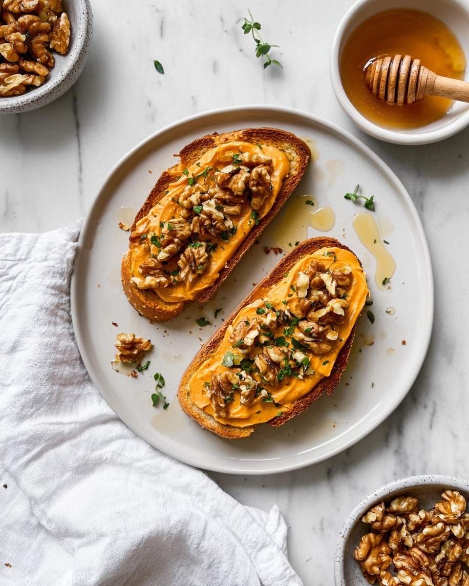The image shows two slices of toasted bread placed on a white plate, each topped with a smooth orange spread that looks creamy. On top of the spread, there are pieces of crunchy walnut scattered evenly along with small green herb leaves sprinkled over both slices, adding a fresh touch. A light drizzle of honey glistens around the bread on the plate. The plate is on a white marbled surface, with a white cloth partly covering the lower left corner. To the upper right, there is a small white bowl filled with honey and a wooden honey dipper resting inside. Toward the bottom right, a white bowl holds more walnut pieces. photo taken with an iphone --ar 4:5 --v 7