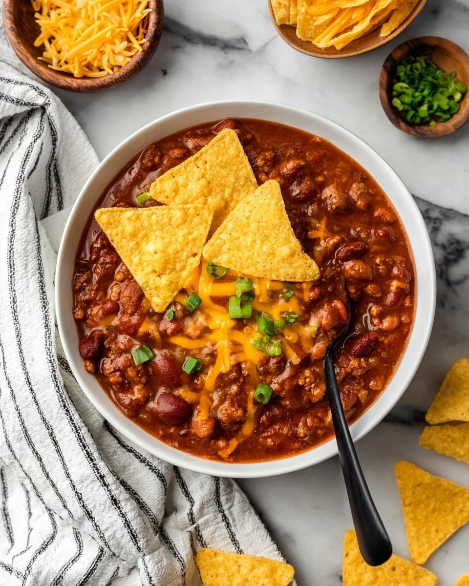 A red pot filled with thick chili that has a rich reddish-brown color, visible chunks of black beans, ground meat, and small diced tomatoes, with a gray spoon that has a wooden handle resting inside. Around the pot are scattered yellow tortilla chips, a white and striped towel on a white marbled surface, and two small white bowls—one with orange shredded cheese and the other with green chopped onions. Photo taken with an iphone --ar 4:5 --v 7