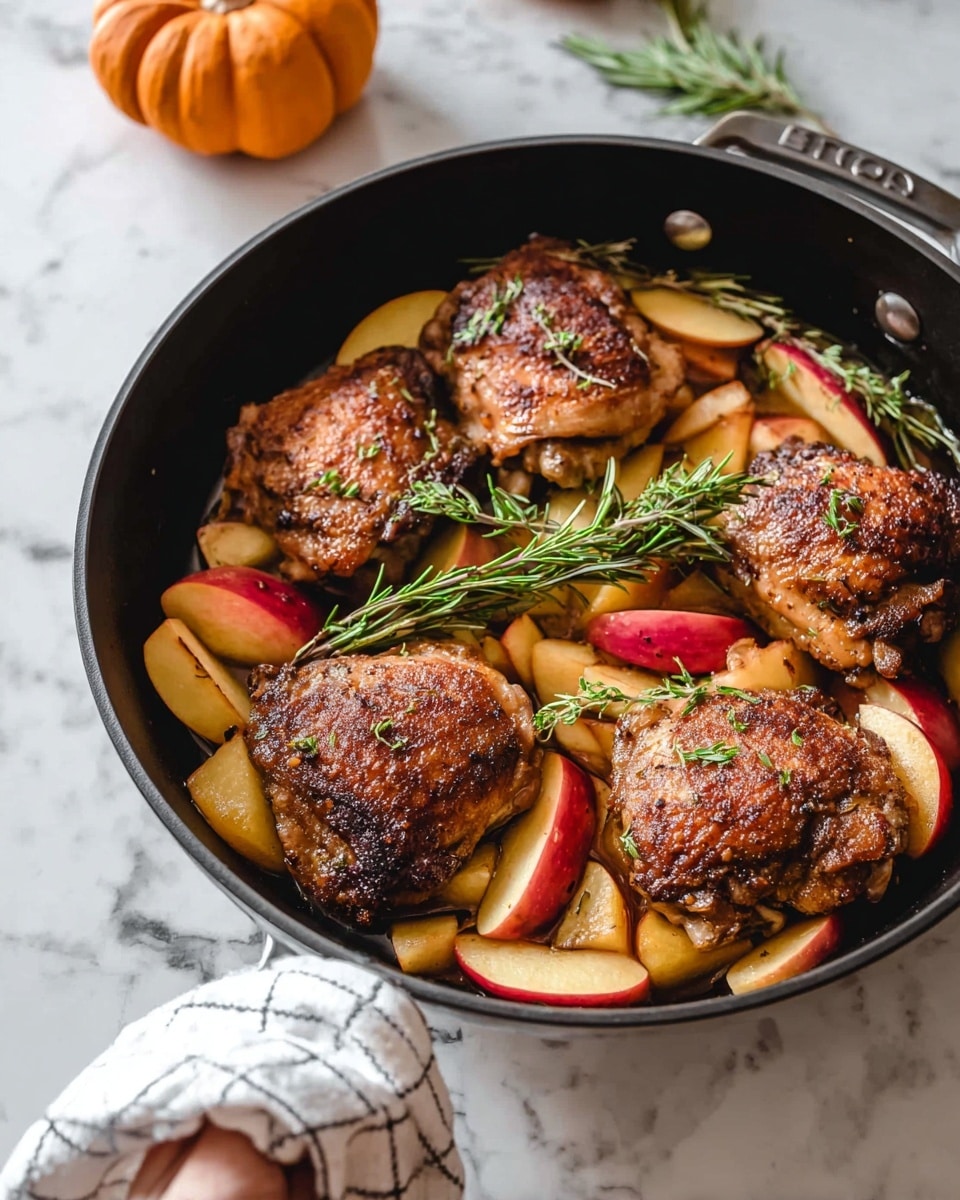 The image shows a black pan filled with four browned, crispy pieces of cooked chicken thighs placed on top of a base layer of sliced red and yellow apples. Fresh green rosemary sprigs are scattered over the chicken and apples, adding a touch of vibrant green color. The pan is set on a white marbled surface, with a small orange pumpkin in the blurred background. A woman's hand, holding a white and black checkered cloth, is visible holding the pan handle in the lower part of the image. photo taken with an iphone --ar 4:5 --v 7
