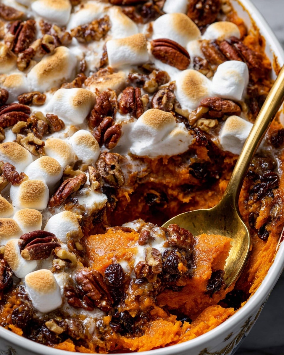 The dish is a close-up of a baked sweet potato casserole in a round white dish, showing layers of soft mashed orange sweet potatoes mixed with dark raisins, topped with a layer of toasted white marshmallows that are slightly browned, and scattered with whole brown pecans for texture. A golden spoon is partially dipped into the casserole, scooping out a portion that reveals the moist, chunky texture mixed with the marshmallow cream and nuts. The white marbled surface beneath complements the warm tones of the dish, making the rich orange, brown, and creamy white colors stand out. photo taken with an iphone --ar 4:5 --v 7