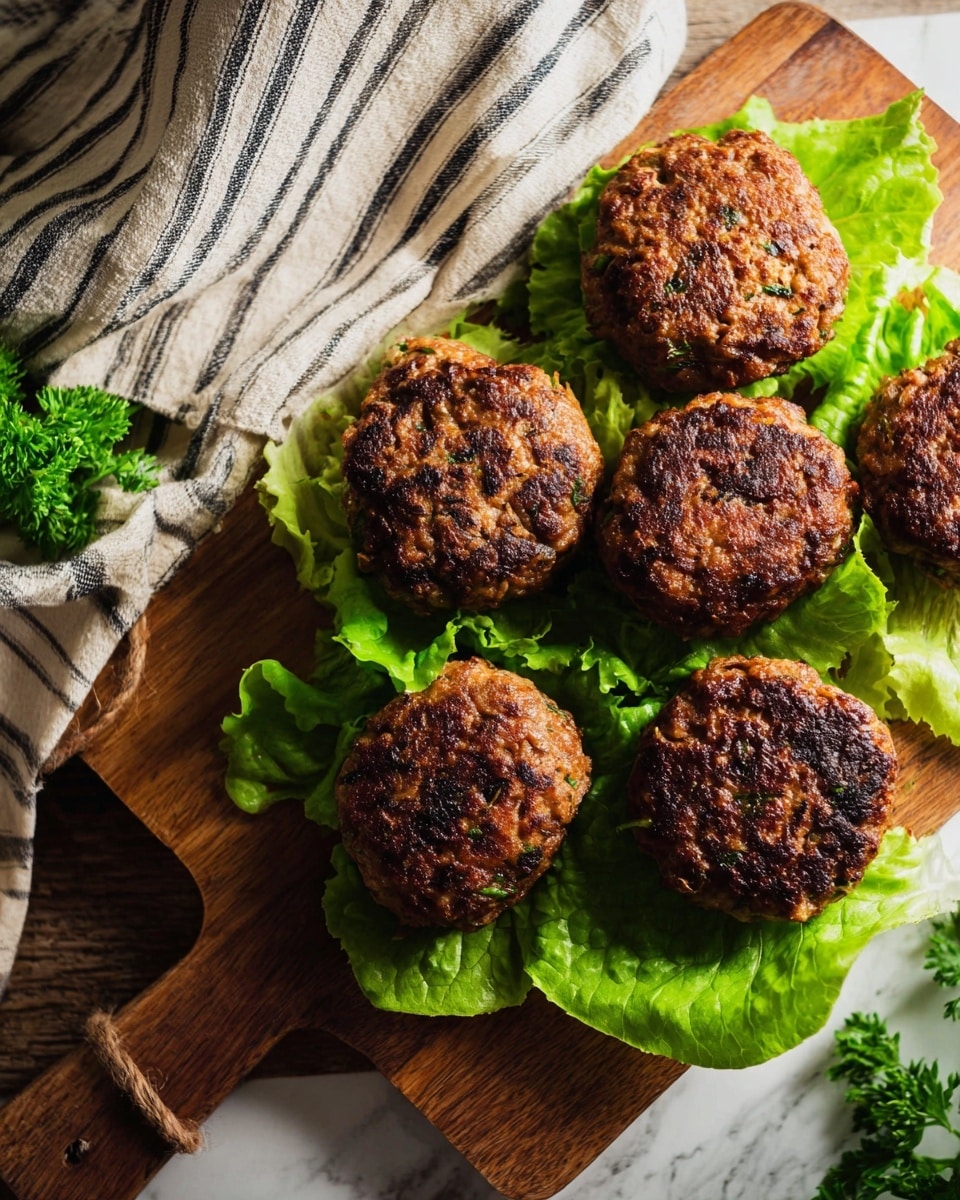 A wooden board holds six browned patties with a slightly crispy texture on top, showing herbs and small bits inside. Beneath the patties, a crisp layer of green lettuce leaves spreads out, adding a fresh contrast. The board rests on a white marbled surface next to a striped cloth and some green parsley in the background, giving a cozy, rustic feel. Photo taken with an iphone --ar 4:5 --v 7