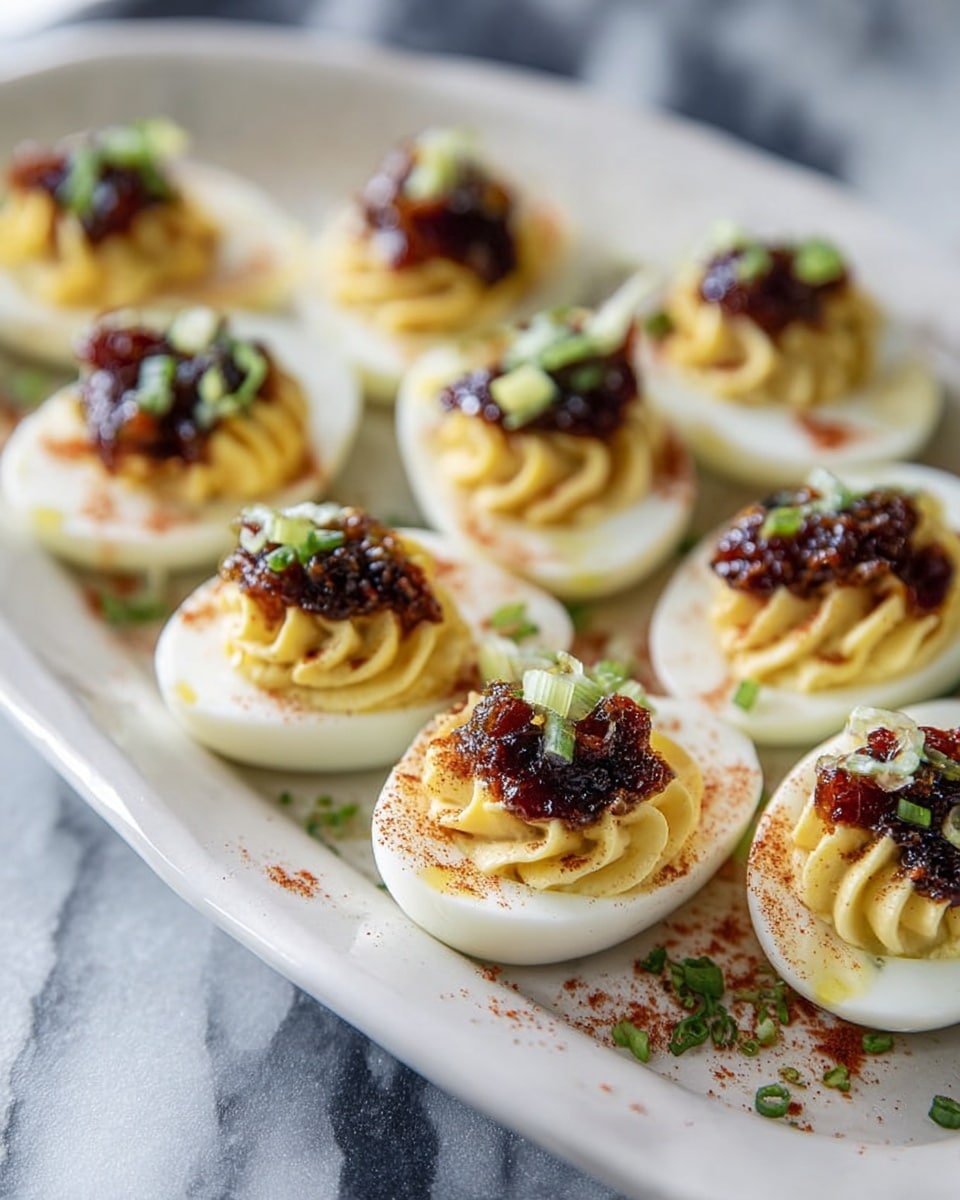 A white oval plate holds eleven deviled eggs arranged close together. Each deviled egg has three layers: a smooth white egg white base cut in half, a creamy light yellow yolk filling piped in a swirl shape on top of the egg white, and a dark reddish-brown chunky sauce dolloped over the yolk filling. Small green chopped herbs are sprinkled on the sauce, adding contrast. A light dusting of reddish seasoning is scattered on the egg whites and plate. The scene has a soft focus with a white marbled surface underneath, and a woman's hand is partly visible on the left side. Photo taken with an iphone --ar 4:5 --v 7