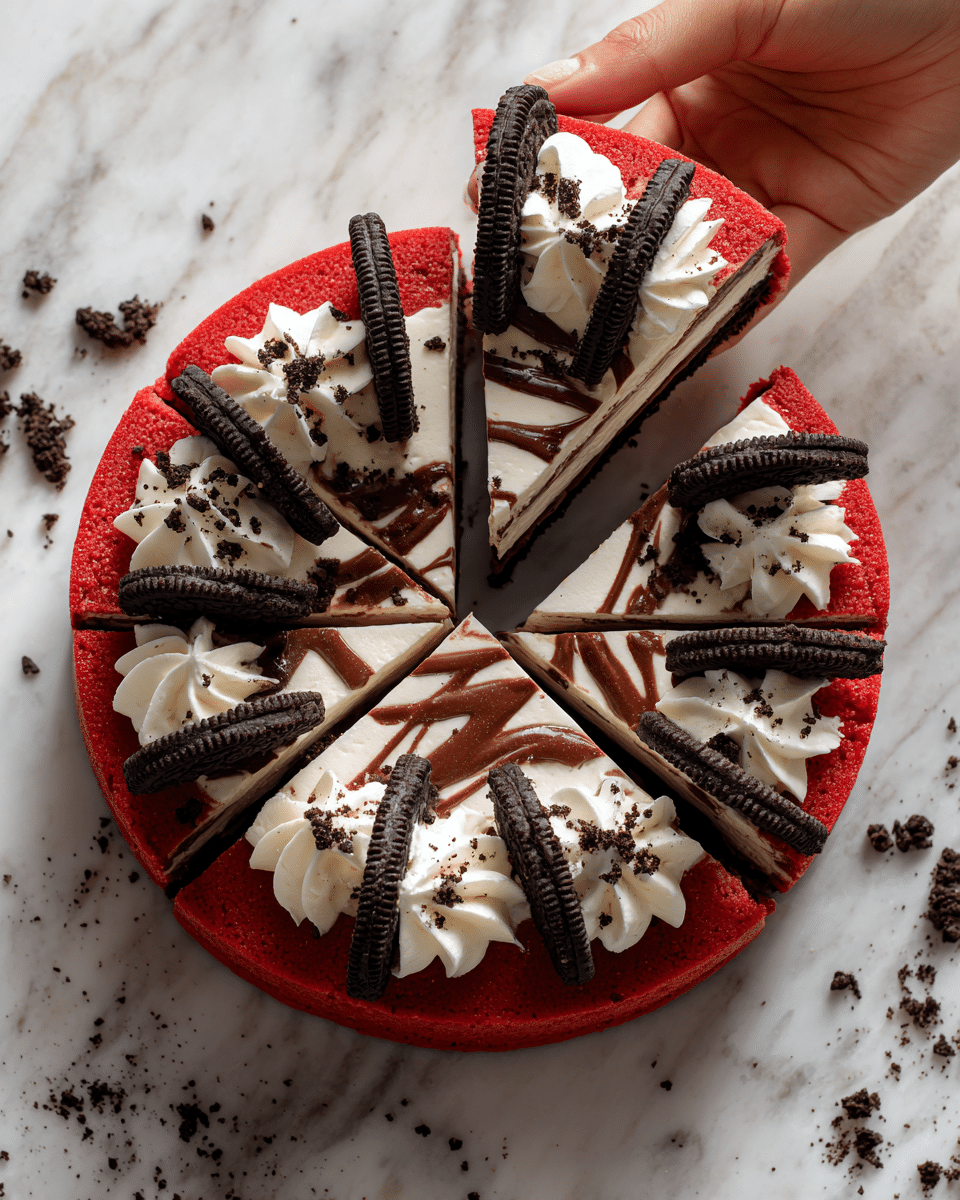 The image shows a cake cut into slices, each slice with a bright red base layer that looks smooth and soft. On top of the red base is a thick layer of dark brown chocolate spread, with a drizzle pattern across the surface. Above the chocolate layer, there is a generous swirl of white cream, looking light and fluffy. The cream is decorated with crushed dark chocolate cookie crumbs and two long, split chocolate cookies placed parallel on each slice. The cake sits on a white marbled surface, with some cookie crumbs scattered around. A woman's hand is holding one slice above the rest. photo taken with an iphone --ar 4:5 --v 7