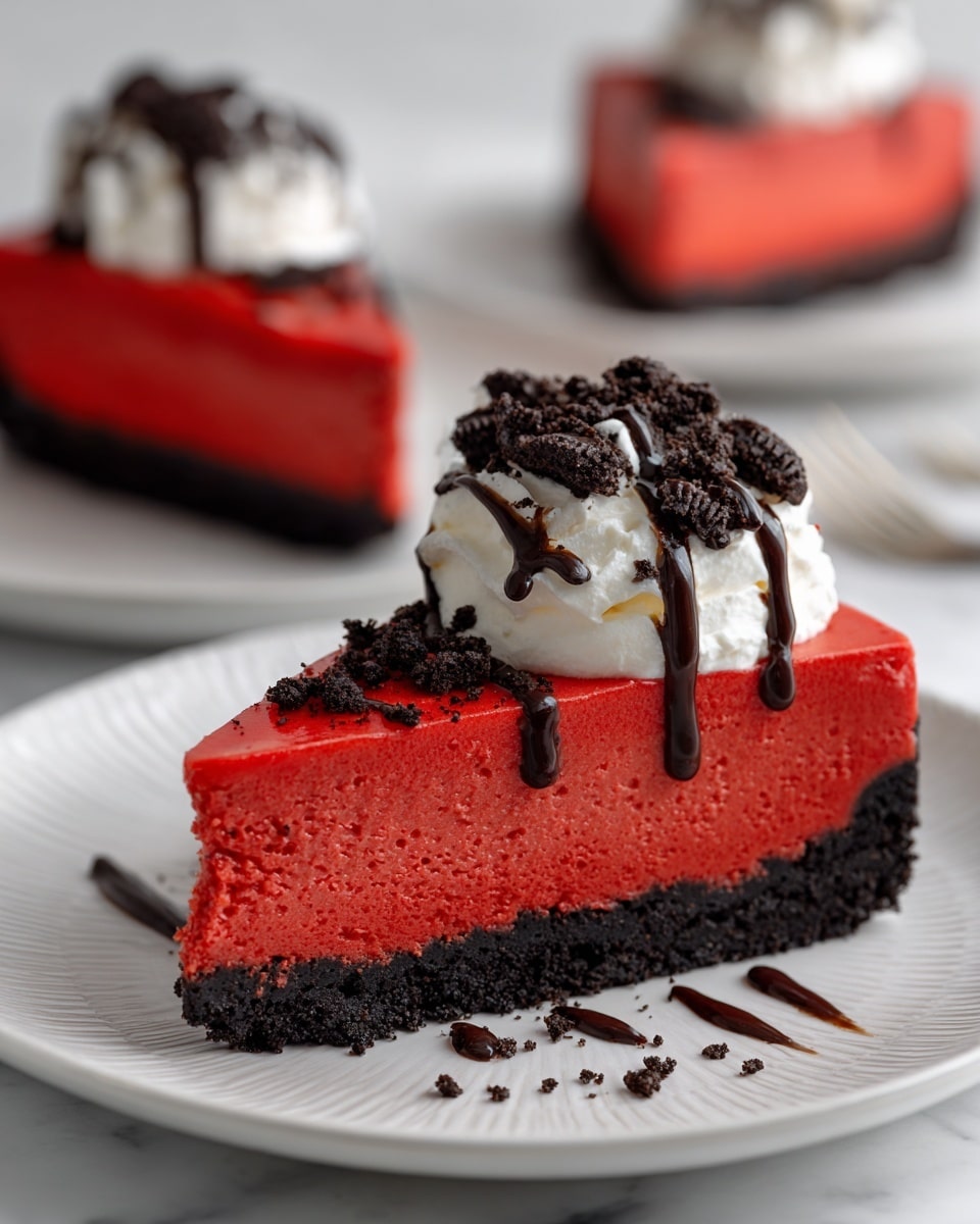 The image shows a slice of bright red cheesecake with three main layers: a thin, dark chocolate crumb crust on the bottom and edges, a thick, smooth red cheesecake layer with a slightly uneven dark swirl inside, and a topping of whipped cream sprinkled with crumbled dark chocolate cookies and a drizzle of dark chocolate on top. The slice sits on a white plate with a subtle pattern, placed on a white marbled surface. In the background, two more similar slices of cheesecake on white plates are slightly out of focus. Photo taken with an iphone --ar 4:5 --v 7