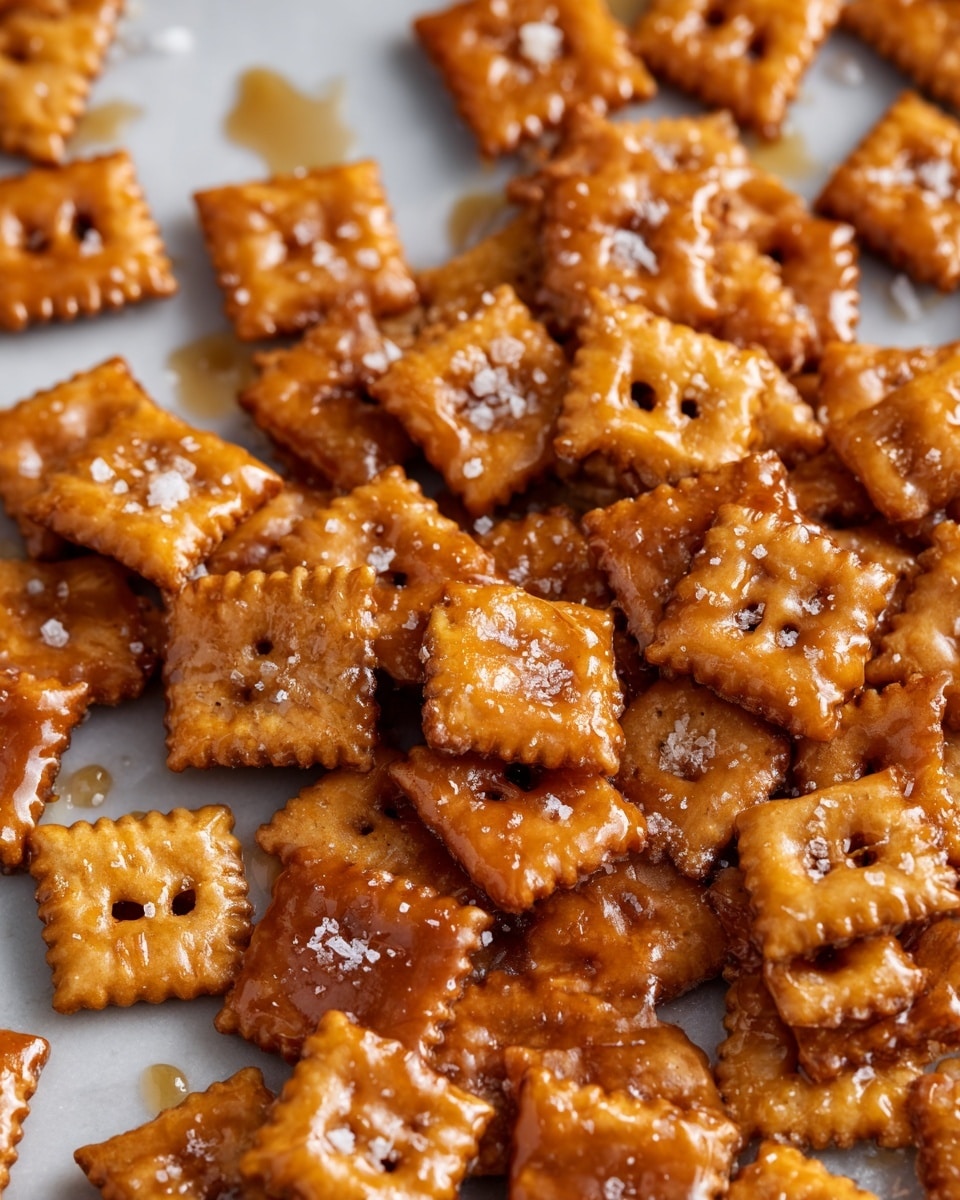 A close-up of many small square crackers with a golden brown shiny caramel coating, some having small holes in the center. The crackers have a slightly bumpy texture with ridged edges, and they are scattered together with a few grains of coarse salt sprinkled on top. The crackers rest on a white marbled surface that shows some sticky caramel drips around them. photo taken with an iphone --ar 4:5 --v 7