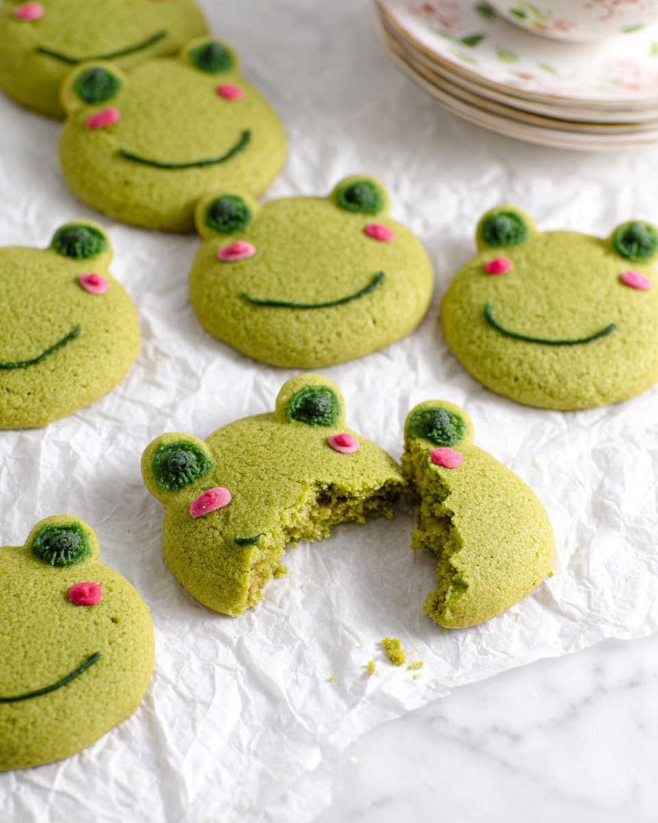 The image shows several green frog-shaped cookies arranged on white crumpled parchment paper over a white marbled surface. Each cookie has a round, textured face layer of green dough with two smaller, round green dough circles attached at the top for eyes. The eyes are decorated with small black dots, and each frog face has a smiling mouth made with black icing and pink dots for cheeks, adding a cute expression. One cookie in the center is broken in half, showing a soft, crumbly inside with a consistent green color. In the background, there is a stack of white plates partially visible on the same white marbled surface. photo taken with an iphone --ar 4:5 --v 7