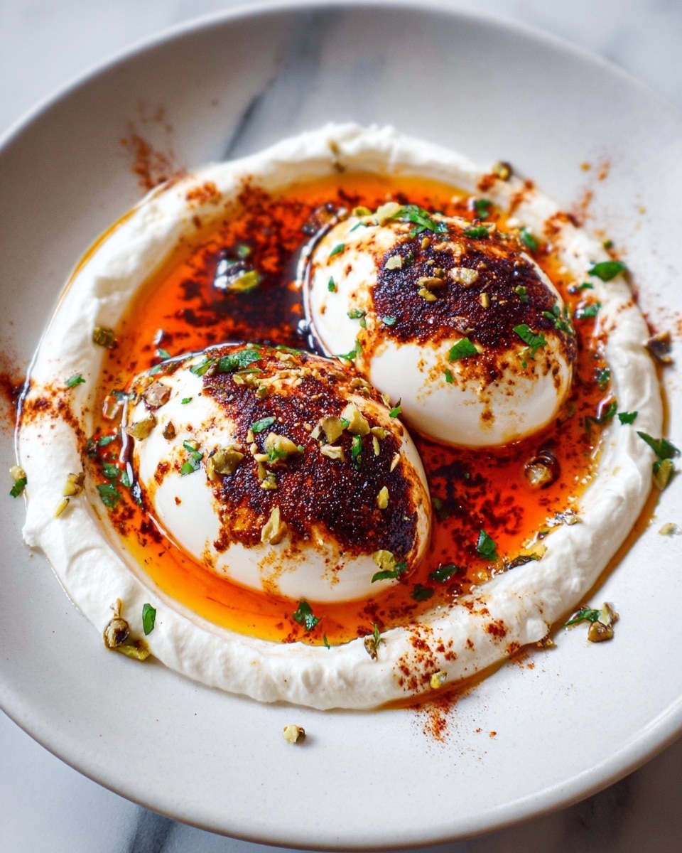 The dish shows two soft white eggs placed side by side on a round thick white cream base, which spreads in a rough circle with a smooth texture. The eggs are topped with a dark reddish-brown spice mix and small green herb bits scattered over them and around on the cream. Around the eggs and cream, there is a shiny red-orange oil sauce pooling and streaked lightly. All is served on a white plate with a smooth texture, set on a white marbled surface. photo taken with an iphone --ar 4:5 --v 7