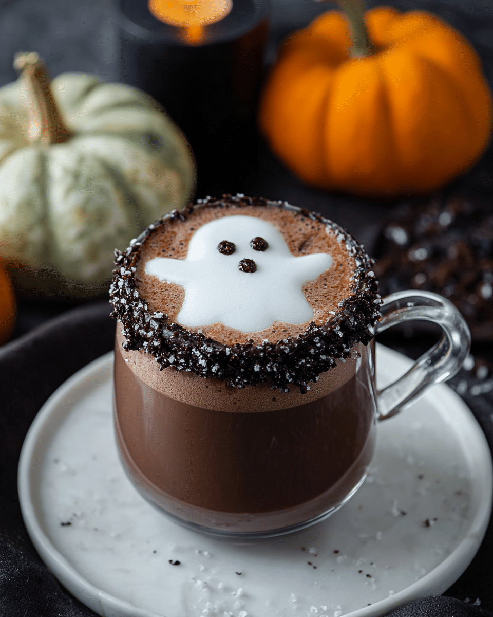 A clear glass mug filled with dark brown hot chocolate, topped with a smooth layer of white foam that has a simple ghost face made from three small dark spots. The rim of the mug is coated with small black and silver sprinkles, adding texture and shine. The mug is placed on a matte black square plate, and in the blurry background, there are orange and green small pumpkins with soft lighting from a small candle. The whole scene rests on a white marbled surface. photo taken with an iphone --ar 4:5 --v 7