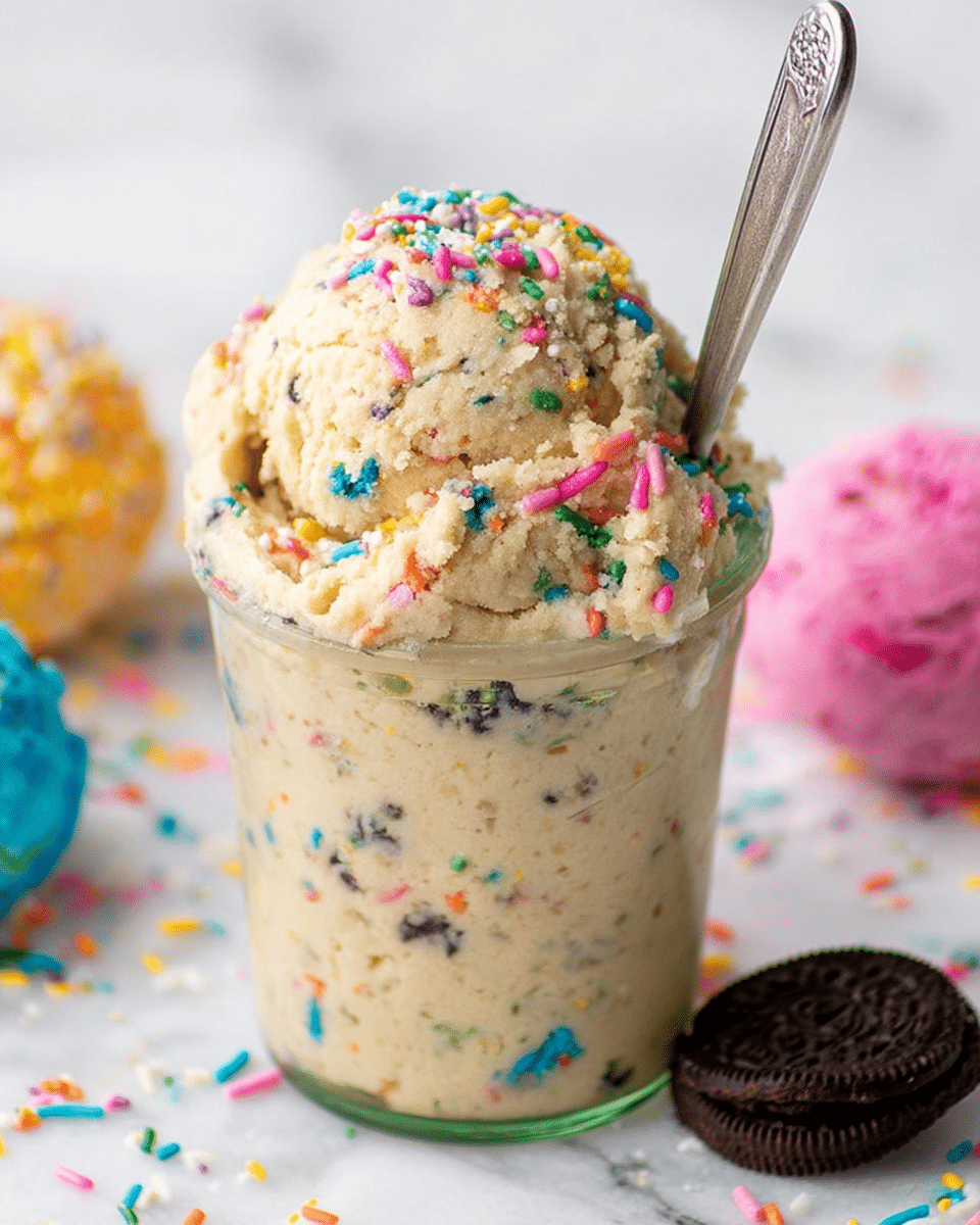This image shows a scoop of light beige cookie dough with colorful sprinkles mixed throughout and on top, overflowing from a clear glass jar. The dough has a soft, crumbly texture and the bright sprinkles in pink, blue, yellow, and green add a playful touch. A silver spoon is inserted into the scoop from the right side. Around the jar are scattered multicolored sprinkles and a small chocolate sandwich cookie at the base, all set against a white marbled background. Photo taken with an iphone --ar 4:5 --v 7