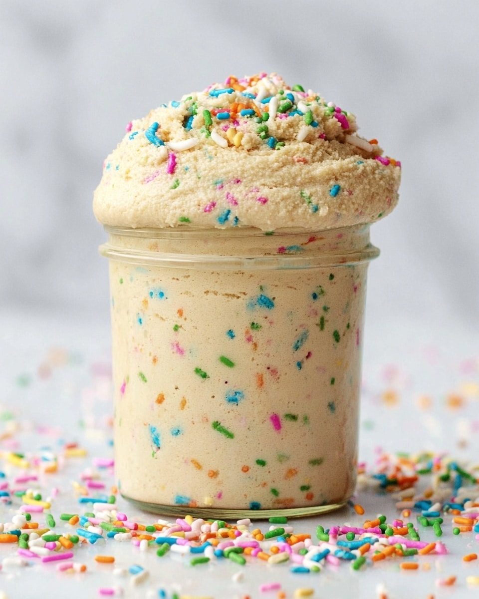 A clear glass jar filled to the top with light beige batter mixed with colorful sprinkles in green, blue, pink, orange, and yellow, with the batter rising over the rim in a fluffy dome shape showing a soft and slightly crumbly texture. Around the base of the jar, more colorful sprinkles are scattered on a white marbled surface, creating a playful and festive scene. photo taken with an iphone --ar 4:5 --v 7