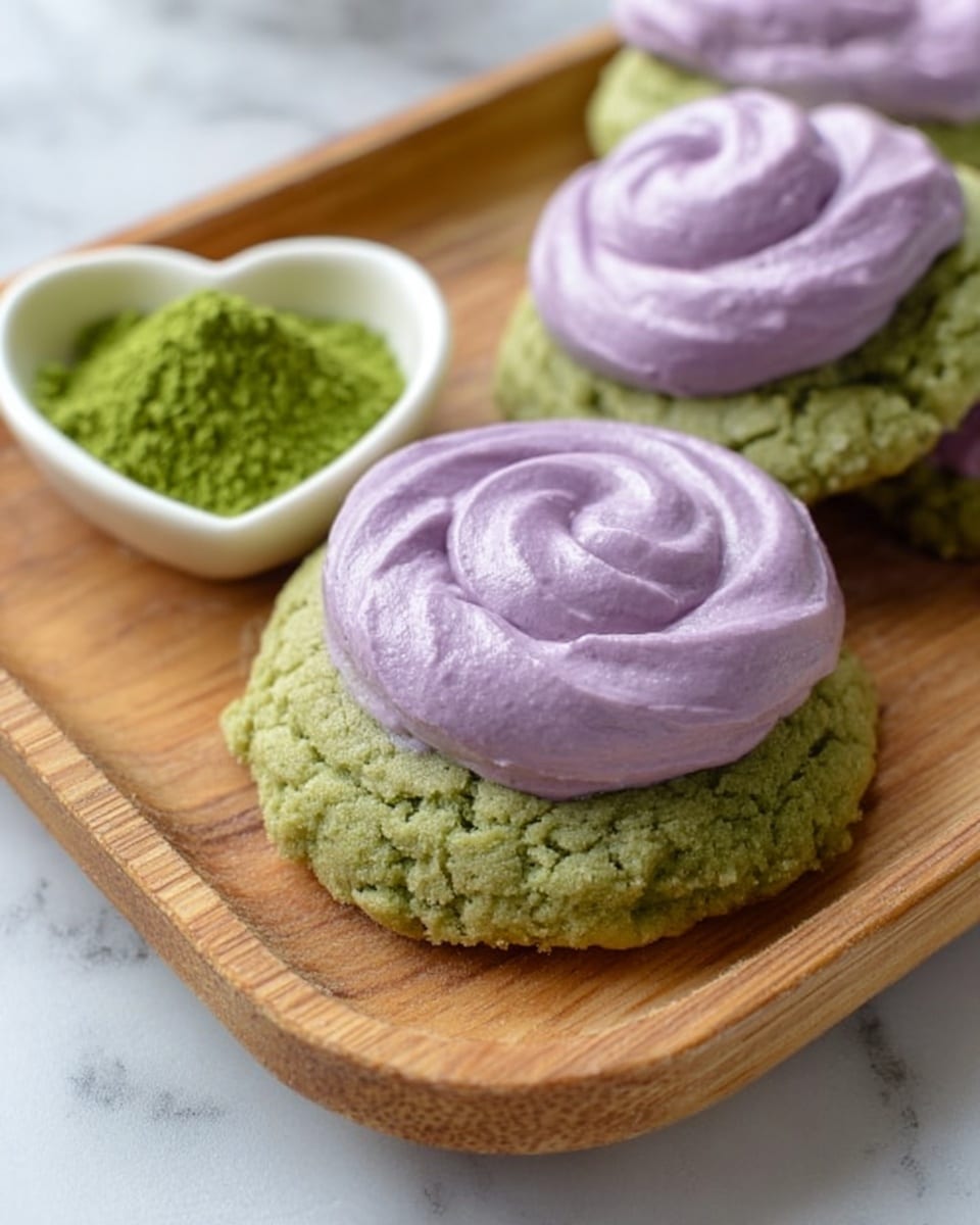 The image shows green cookies with a soft texture, topped with a thick swirl of light purple frosting, about two layers in total. The green cookie base is rough and crumbly, while the purple frosting on top is smooth and has a spiral design, starting from the center and expanding outward. The cookies are placed on a wooden tray with a small white heart-shaped dish filled with bright green powder sitting in the center. The background is a white marbled surface. photo taken with an iphone --ar 4:5 --v 7