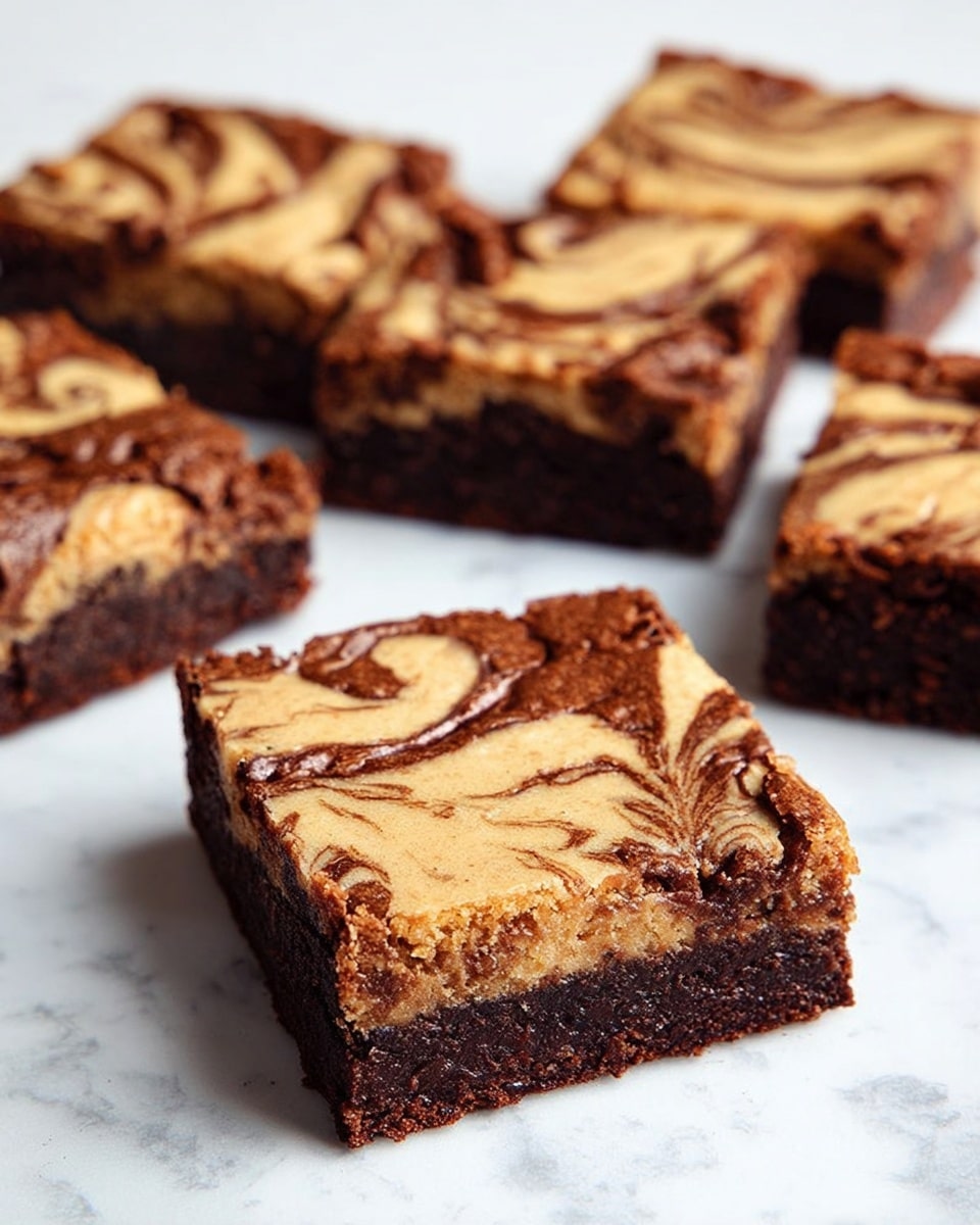 The image shows five square pieces of a dessert with two distinct layers. The bottom layer is a dark brown, dense, and fudgy chocolate brownie base. The top layer is a lighter, creamy tan color with swirled chocolate patterns creating a marbled effect, giving a slightly cracked, soft texture. The brownies are placed on a white marbled surface, and the focus is clear on the central piece, showing the contrast between the rich chocolate base and the creamy swirled topping. photo taken with an iphone --ar 4:5 --v 7